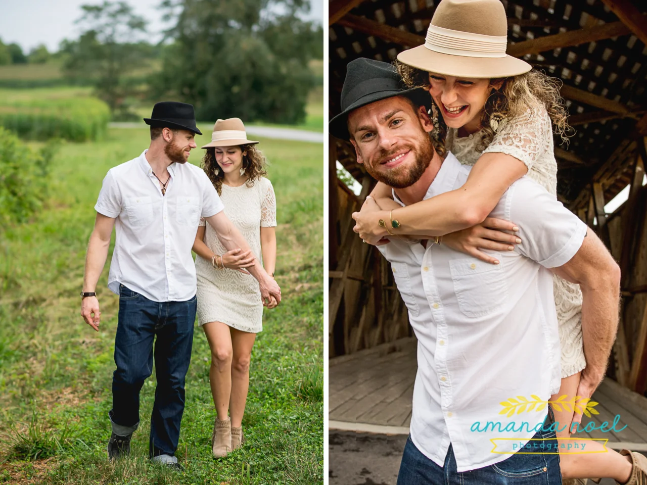 Springfield OH Engagement Photographer | Amanda Noel Photography | stylish lifestyle engagement session covered bridge and field at sunset