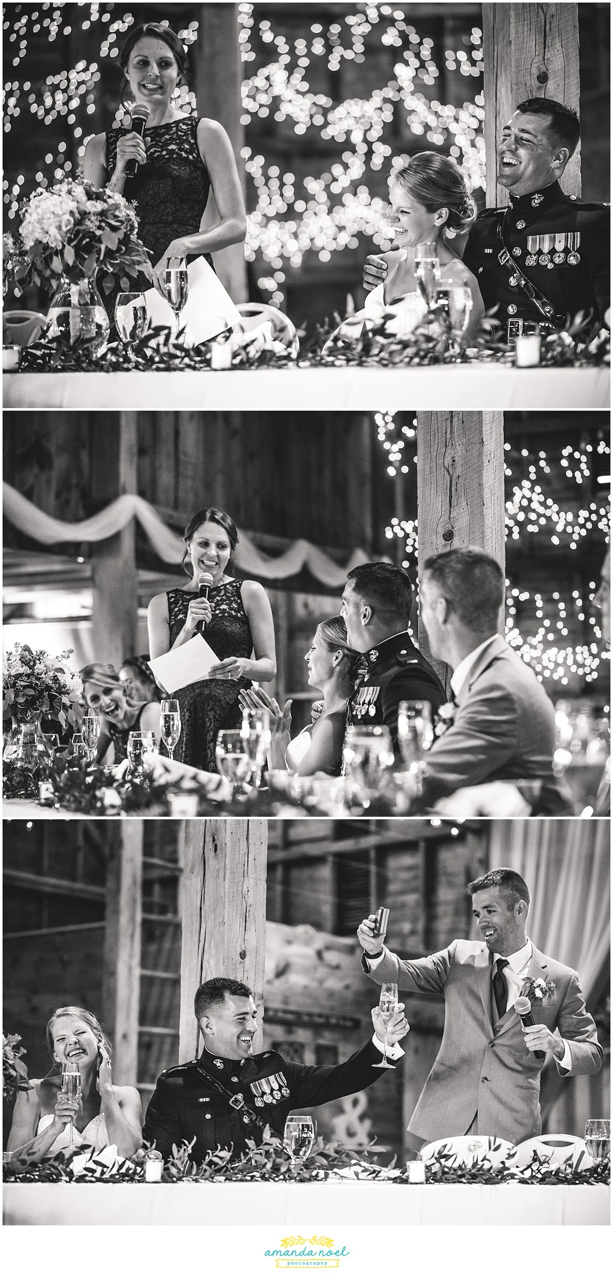 wedding toasts in barn black and white