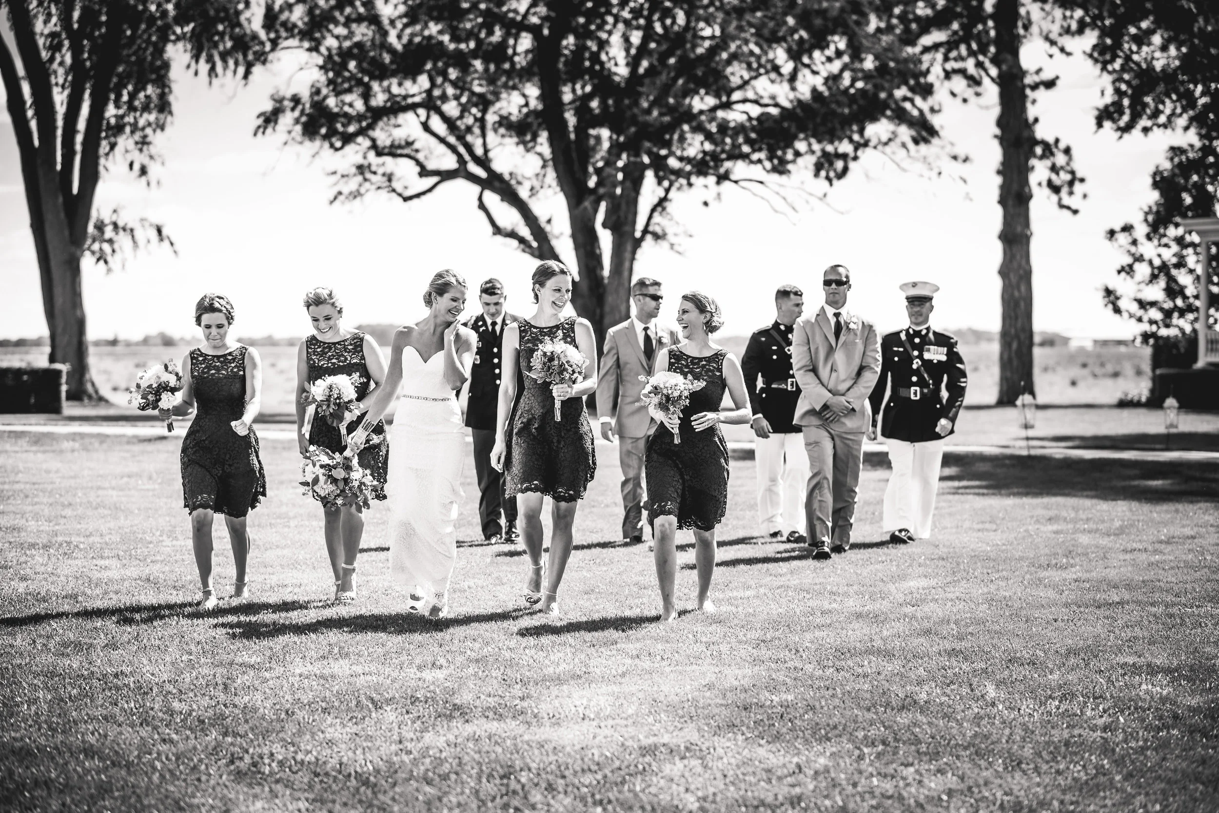 outdoor wedding party portrait black and white