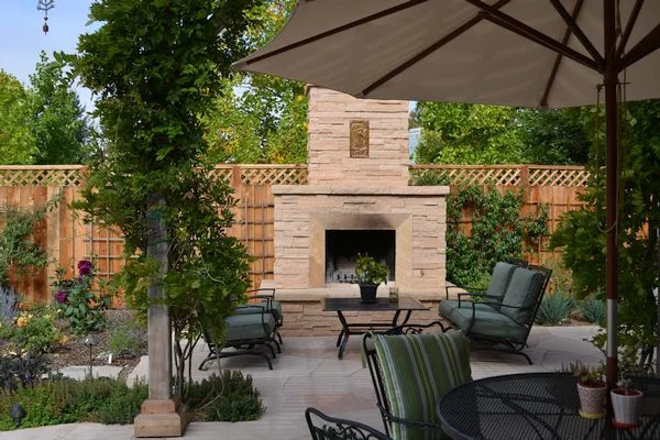 Stone fireplace and new patio