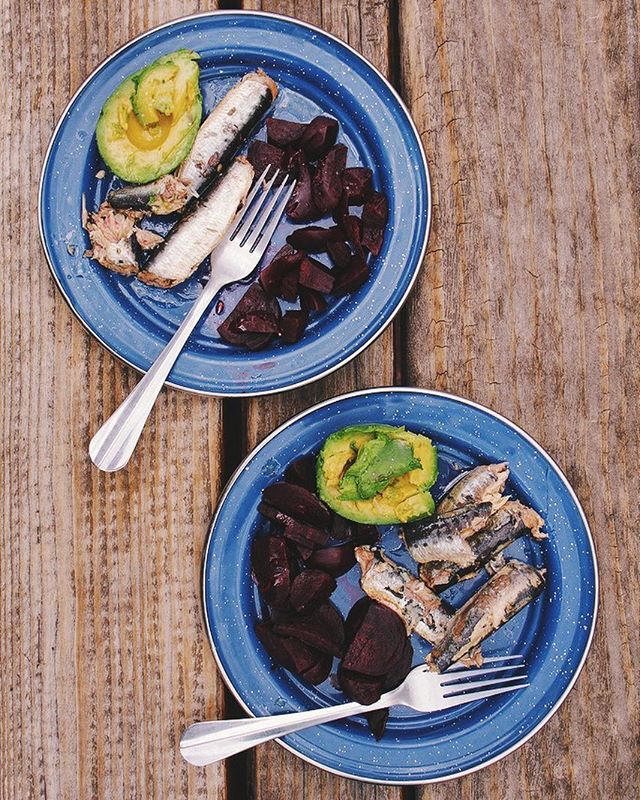 Sardines beets avocados. 🐟 #realfoodism #sardines #beets #avocado #camping #food #onthetable #eeeeeats #whole30 #paleo #realfood #eatrealfood