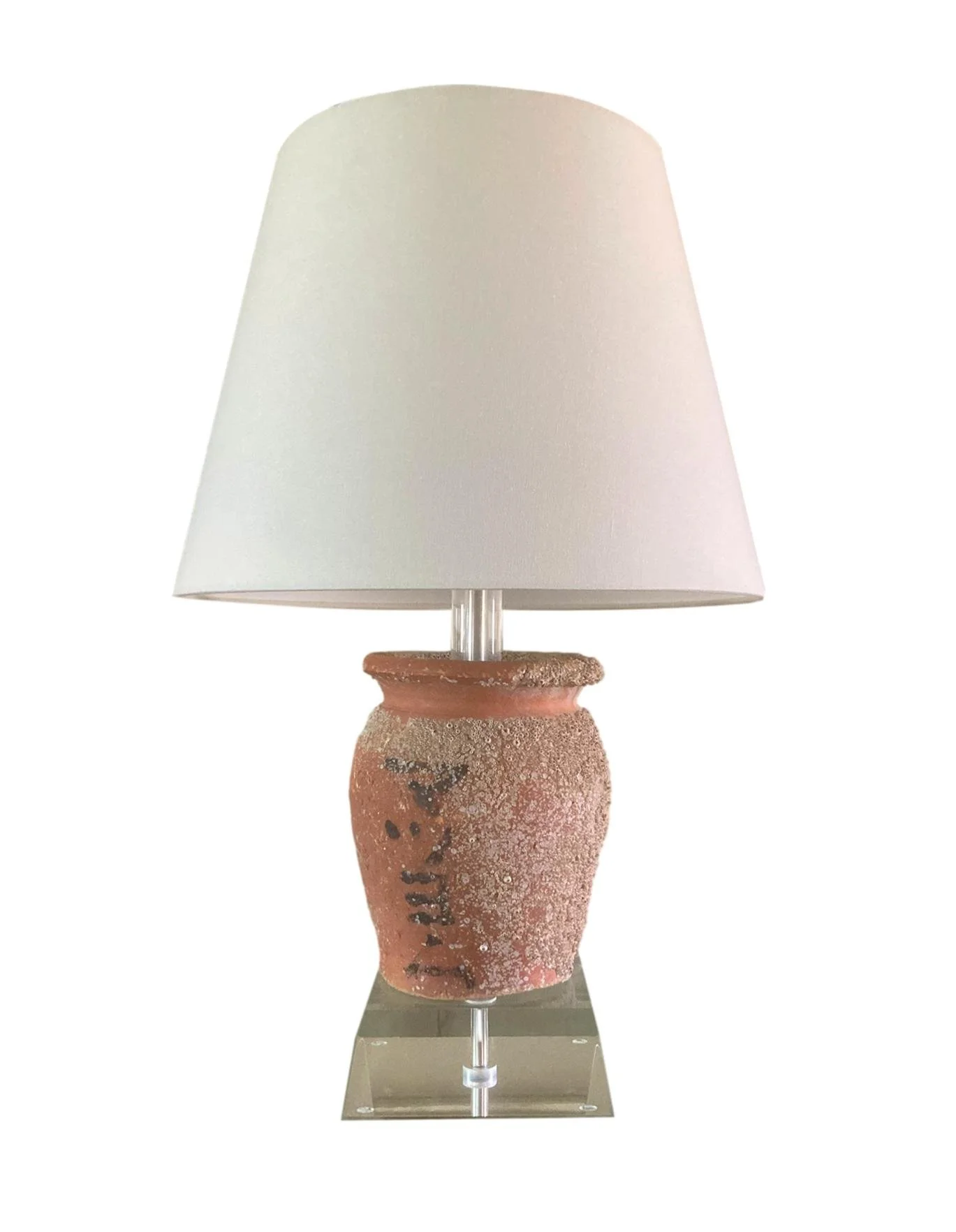 Richard Lindley Japanese Shipwreck Salvage Terracotta Jar Lamp on Lucite Base.jpeg