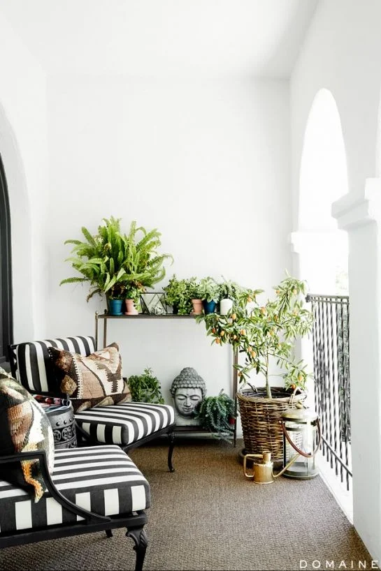 Mixed colors and patterns create striking, understated spaces. | via "8 Tiny But Amazing Balcony Garden Spaces." Refinery 29