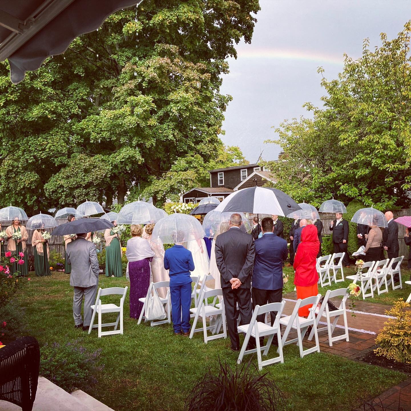 You really can&rsquo;t make up this sort of magic. 
*
It was raining on and off this afternoon. Cleared up a bit, processional began, started raining again. ☂ A few minutes in to the ceremony, the sun came out and brought this stunning rainbow with i