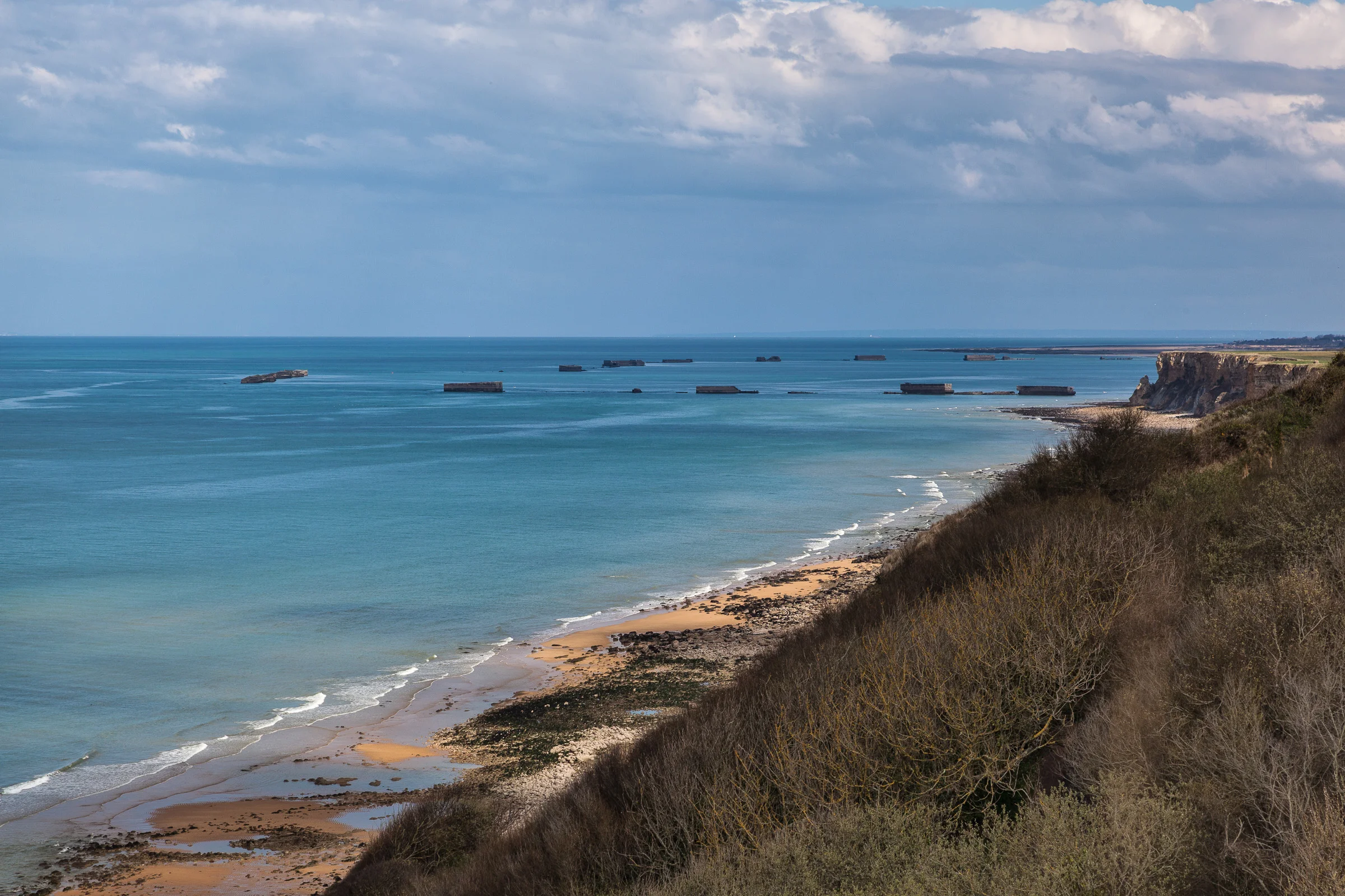 Looking down of the Mulberry from the Cliffs over Arromanches