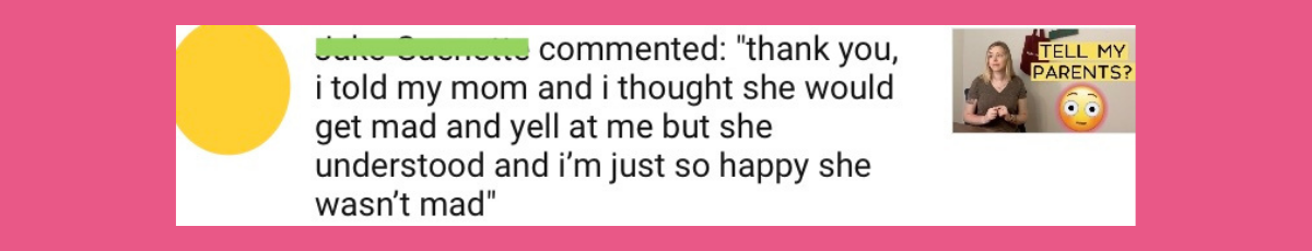 Mallory Grimste YouTube screenshot comment that says thank you i told my mom and i thought she would get mad and yell at me but she understood and i'm just so happy she wasn't mad.png