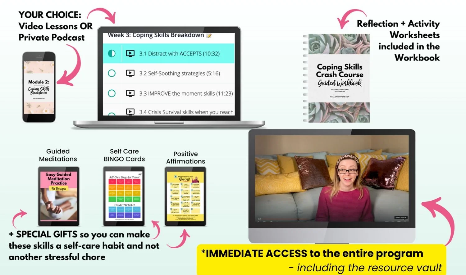 Infographic showing an online coping skills program offering video lessons or private podcast, including guided meditations, self-care bingo cards, and positive affirmations with immediate access to resources, workbooks, and special self-care gifts.