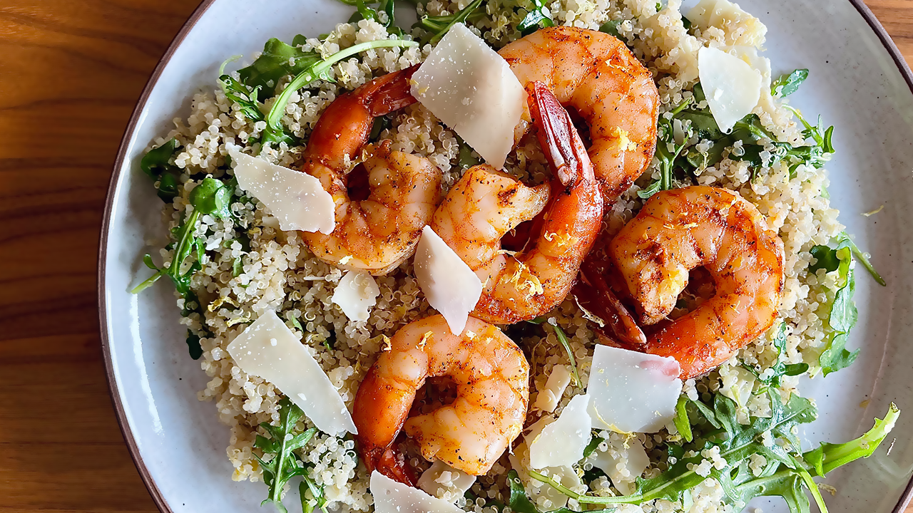 Lemon Quinoa Salad with Roasted Shrimp