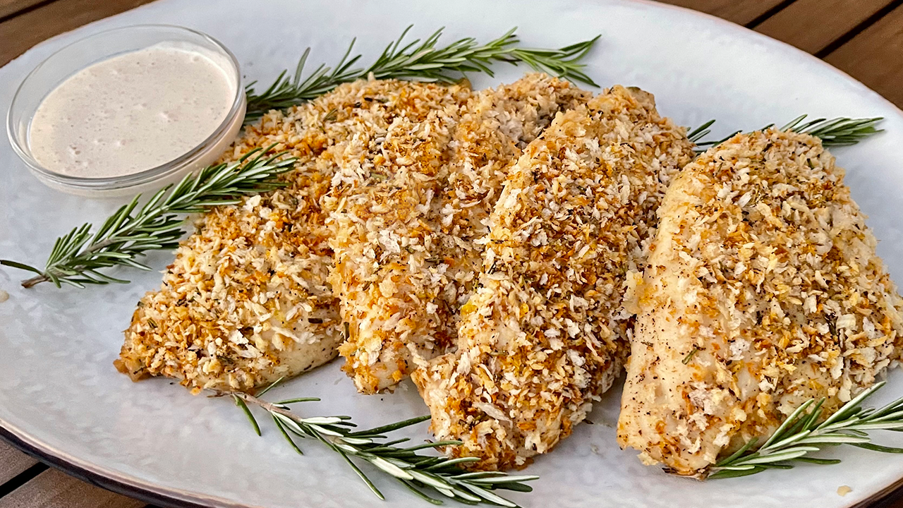 Crispy Rosemary Chicken Breasts with White BBQ Sauce
