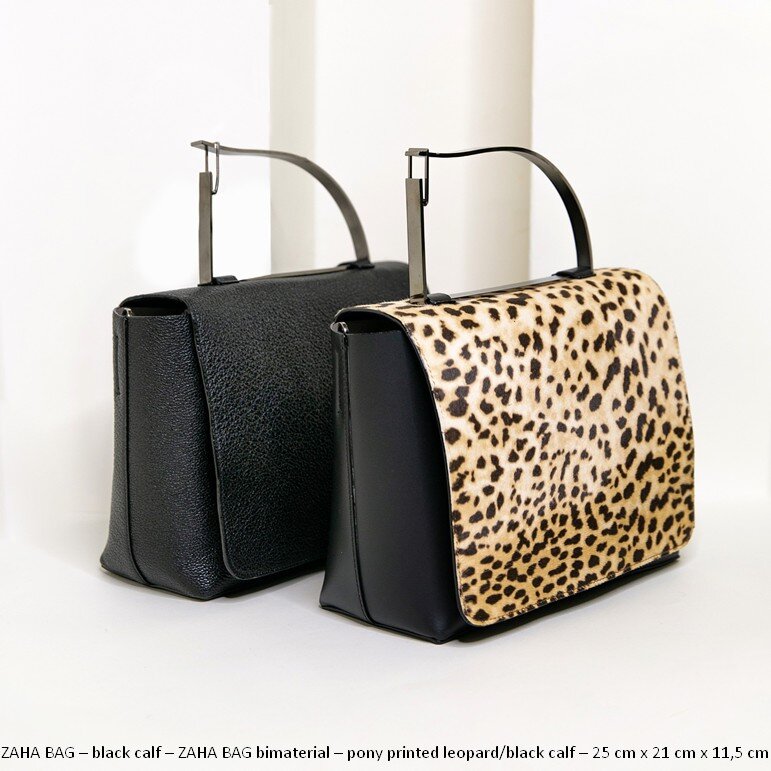 17 ZAHA BAG – black calf – ZAHA BAG bimaterial – pony printed leopard-black calf – 25 cm x 21 cm x 11,5 cm.jpg