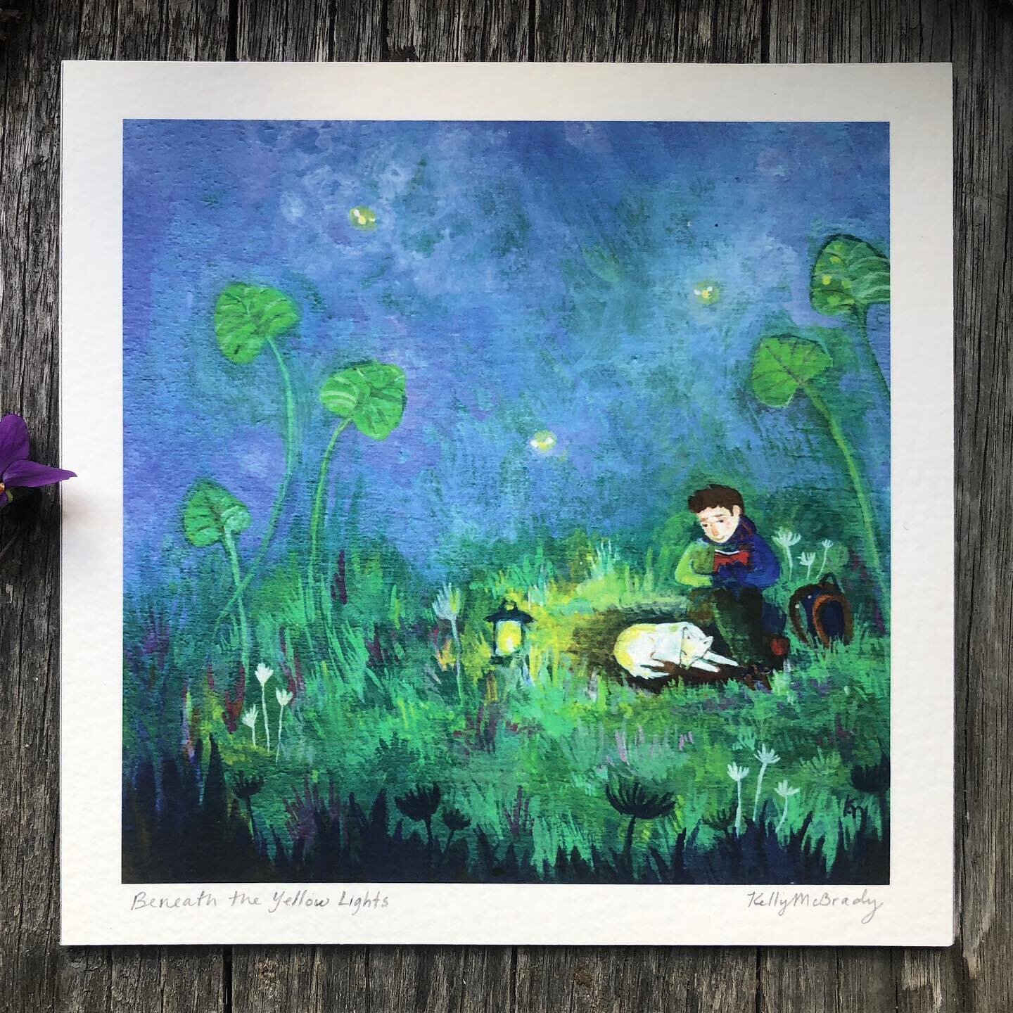 I was thinking of where I&rsquo;d like to be the most, with my dear fur friend, reading books with only a glowing lantern and fireflies to light up the pages. &ldquo;Beneath the Yellow Lights&rdquo; mini print is now up on my Etsy shop 🐶☘️✨
.
.
.
.
