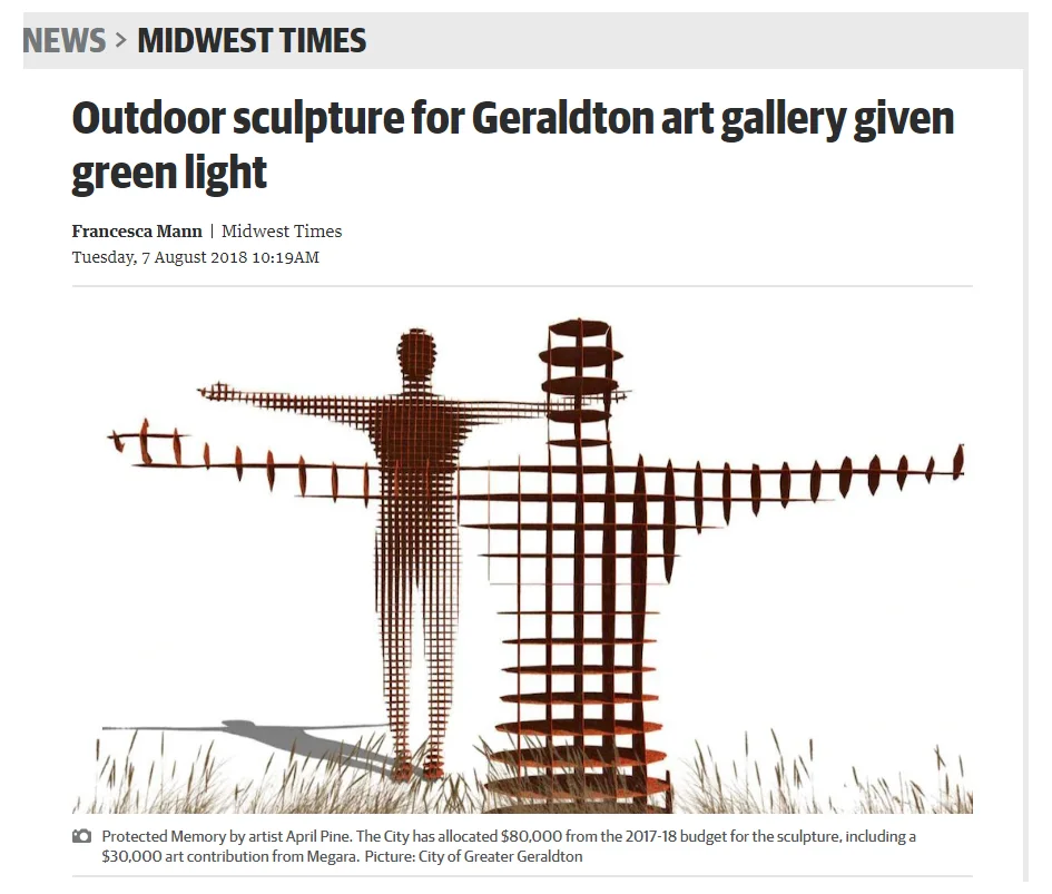 Two figures with outstretched arms will welcome visitors to the Geraldton Regional Art Gallery. City of Greater Geraldton councillors voted 9-3 in favour of the concept design by Perth-based artist April Pine, during the ordinary council meeting on July 24. The sculpture, called Protected Memory, will be located outside the gallery on the grassed area on Durlacher Street.