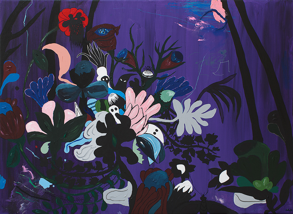 Heidi P, Reflections of a Purple Day , 71,5 x 97,5 cm, akryl og posca tusch på lærred. 2018.