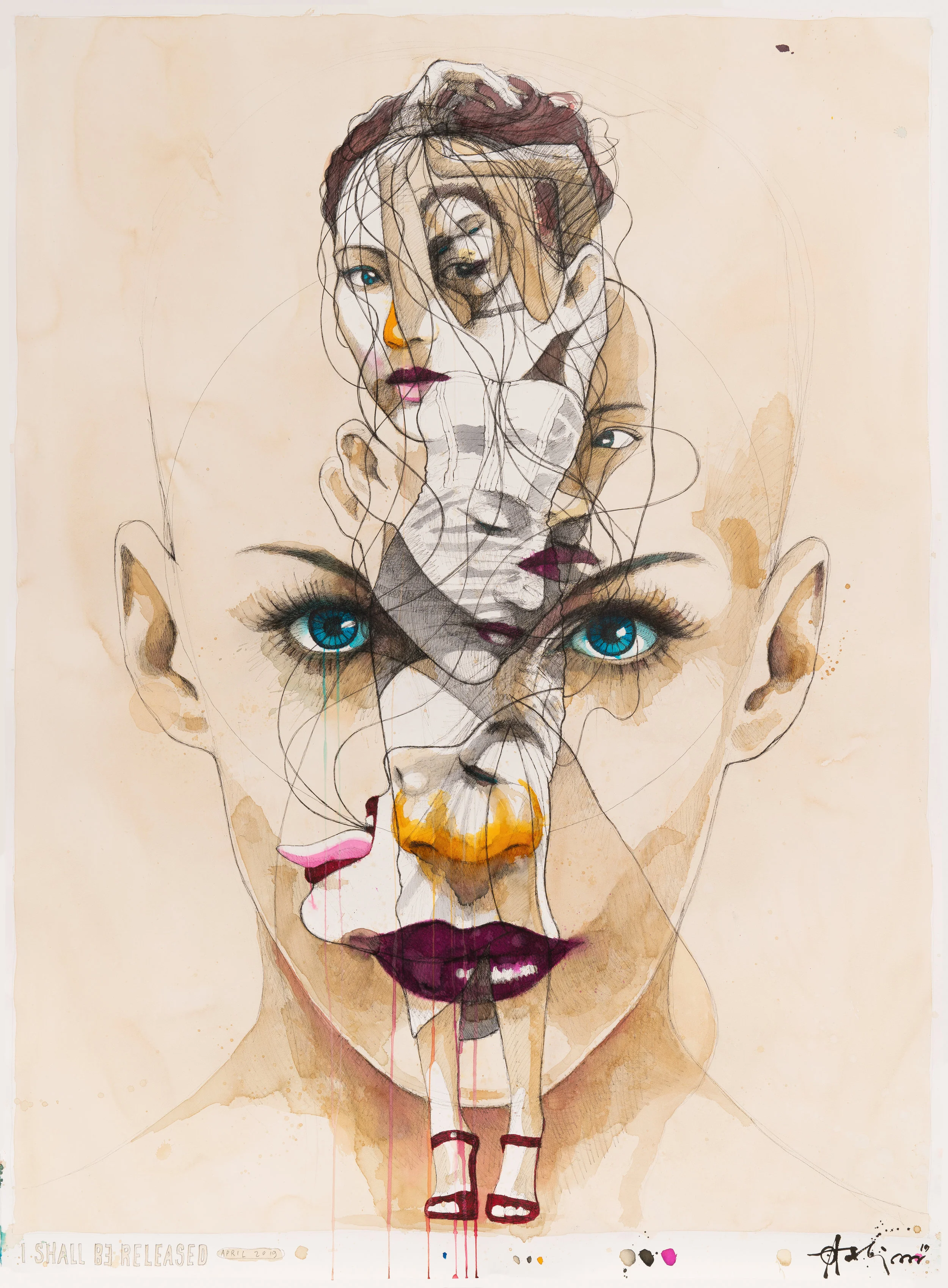 Ole Aakjær, I Shall Be Released , akvarel og tusch på papir, 173 x 127 cm. 2019.