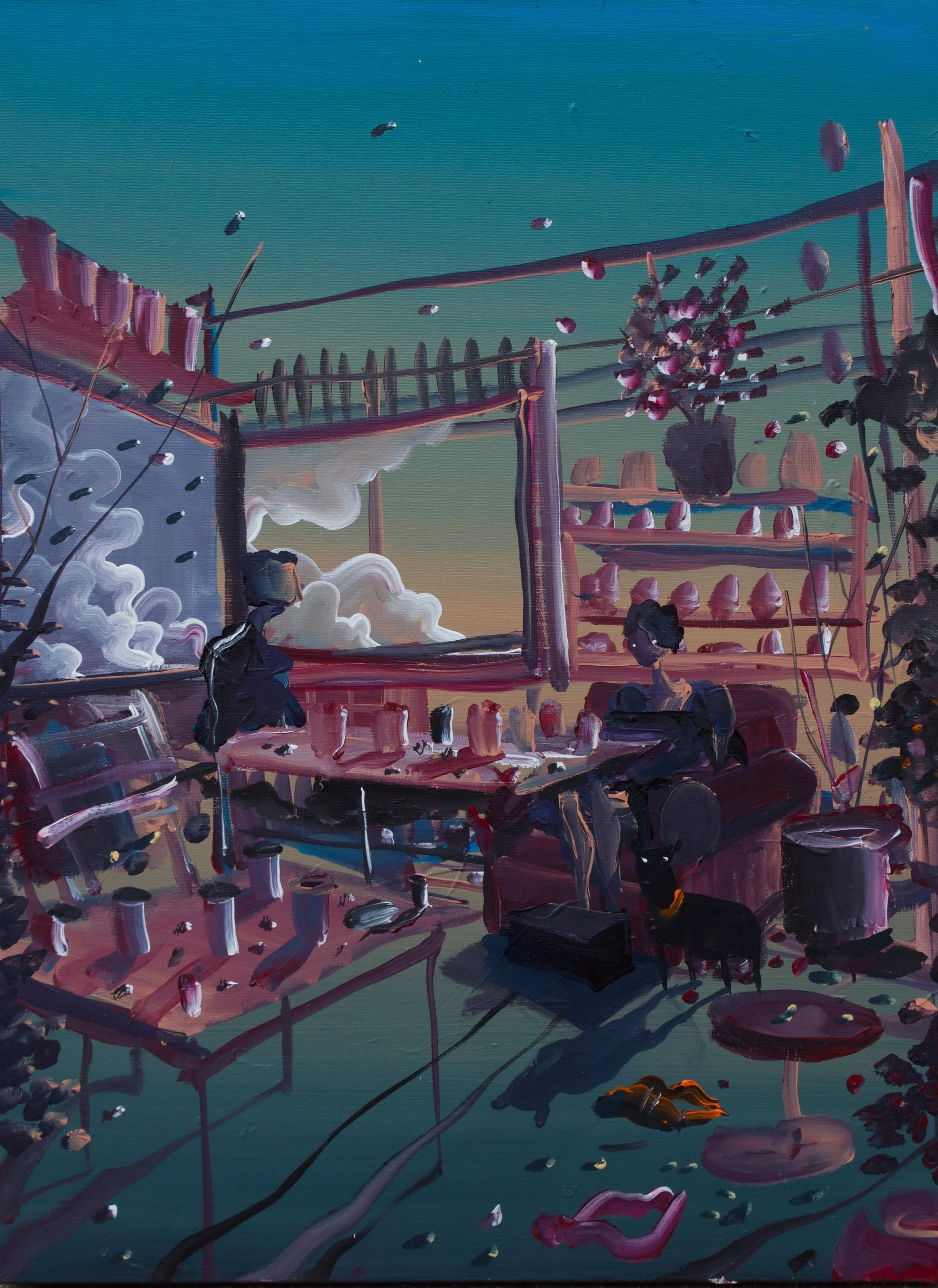 Simon Fensholm, At The Wrong Set , akryl og spray på lærred, 80 x 60 cm. 2019