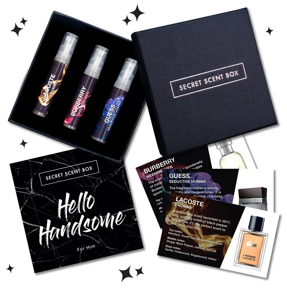 Mens Secret Scent Box luxury fragrance subscription box with three designer perfume samples and scent cards