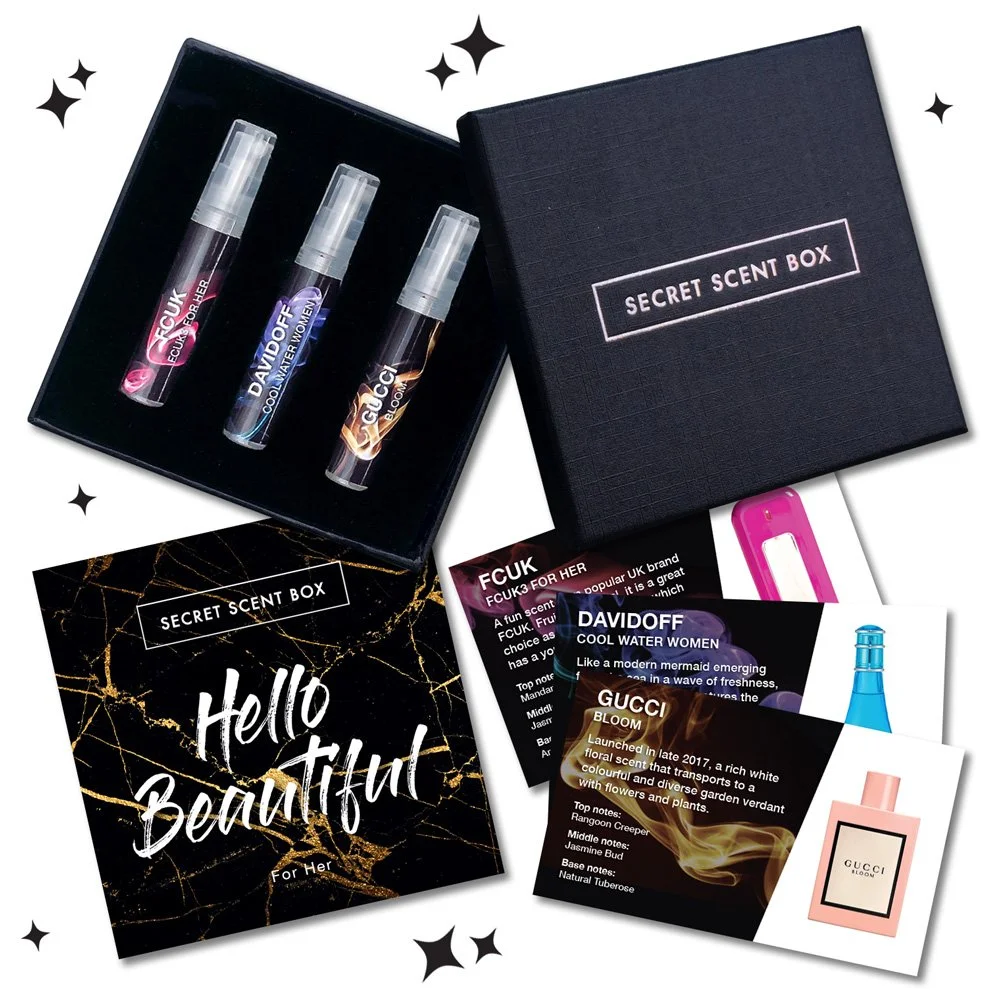 Womens Secret Scent Box luxury fragrance subscription box with three designer perfume samples and scent cards