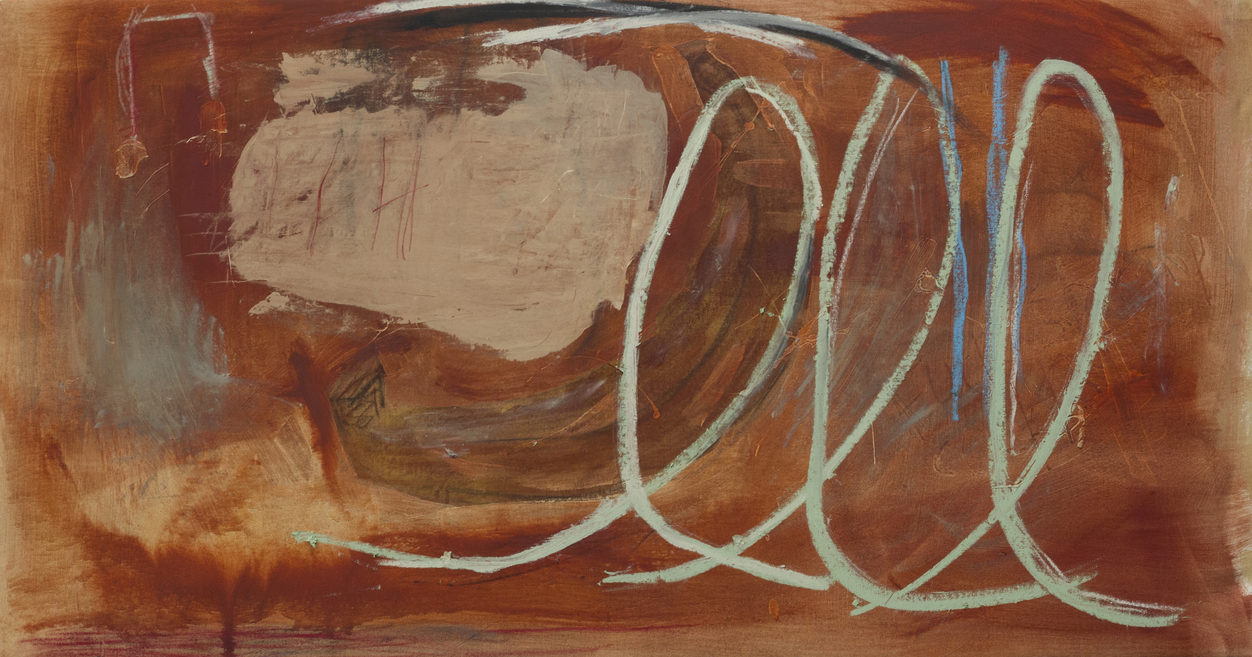   Intonation in Deaf Ears , 2015  30 x 58 Inches  Oil, Charcoal, Pastel, Graphite, and Oil Stick on Canvas  Private Collector 