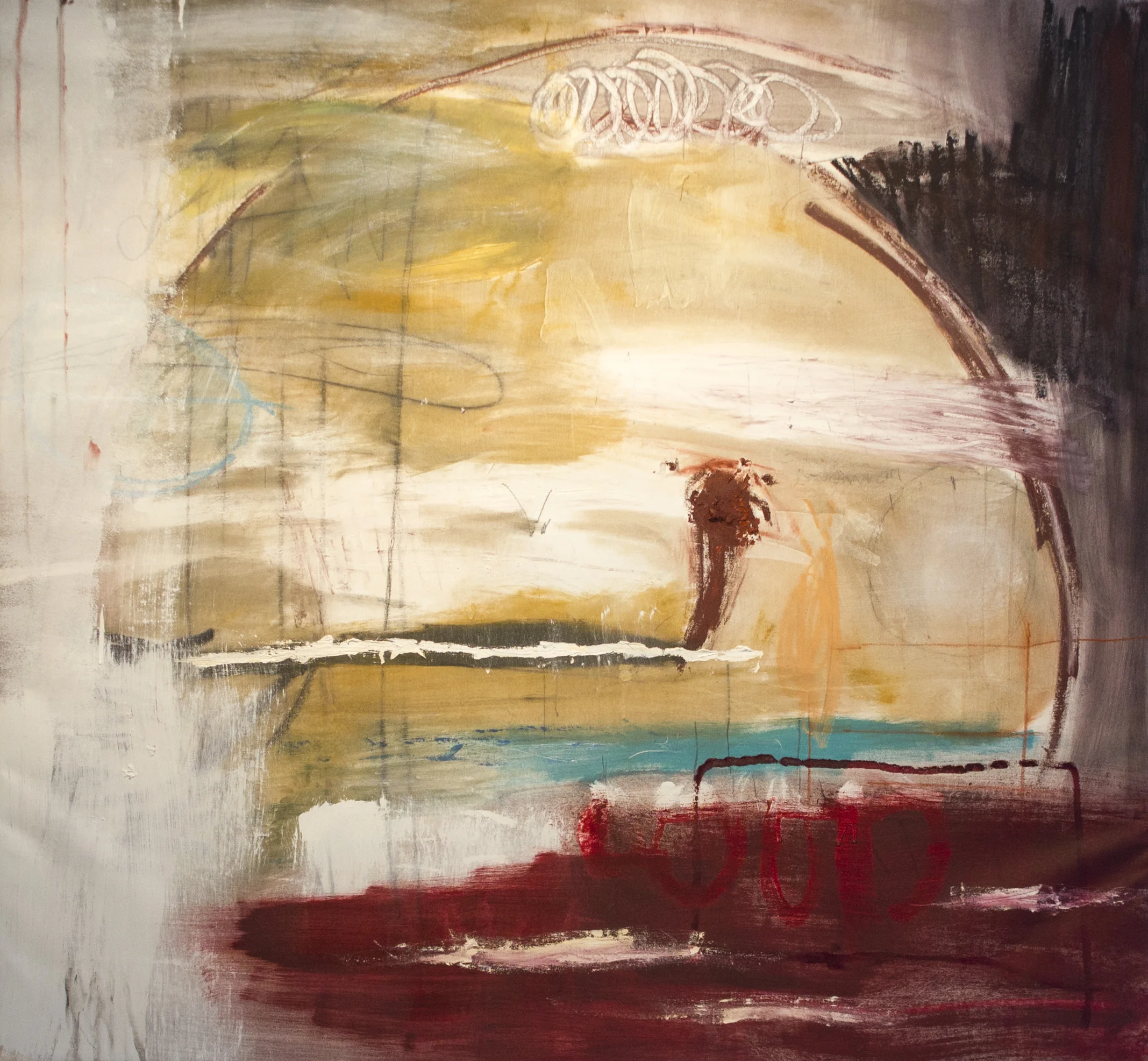 Meursault and Mercutio at Verona , 2016 50 x 54 Inches Oil, Oil Stick, Acrylic, Colored Pencil, Charcoal, Pastel and Graphite on Canvas
