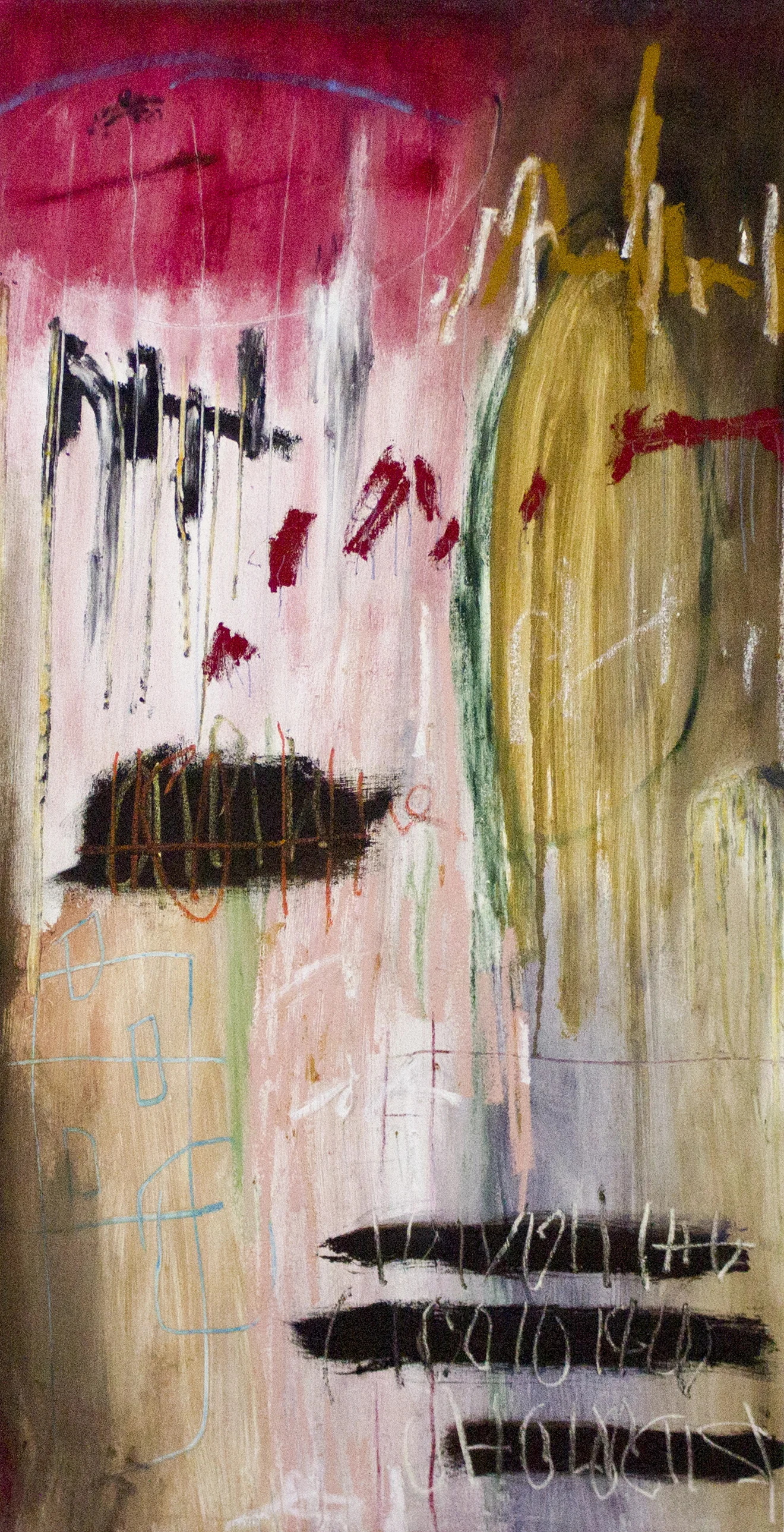 Abandoning Stories of Shangri-La , 2018 54 x 28 Inches Oil, Acrylic, Oil Stick, Oil Pastel, Colored Pencil and Chalk Pastel on Canvas