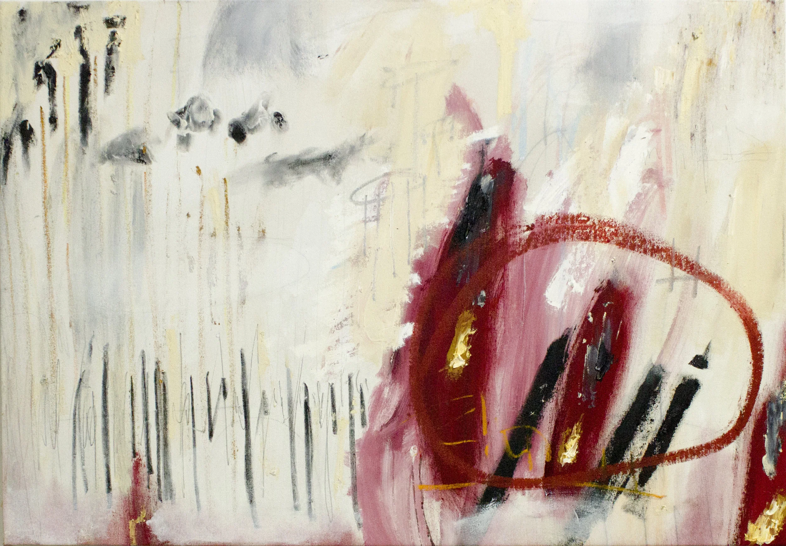 Entrer Dans L'oubli, 2018 28 x 40 Inches Oil, Acrylic, Oil Stick, Colored Pencil, Pastel, Graphite and Crayon on Canvas