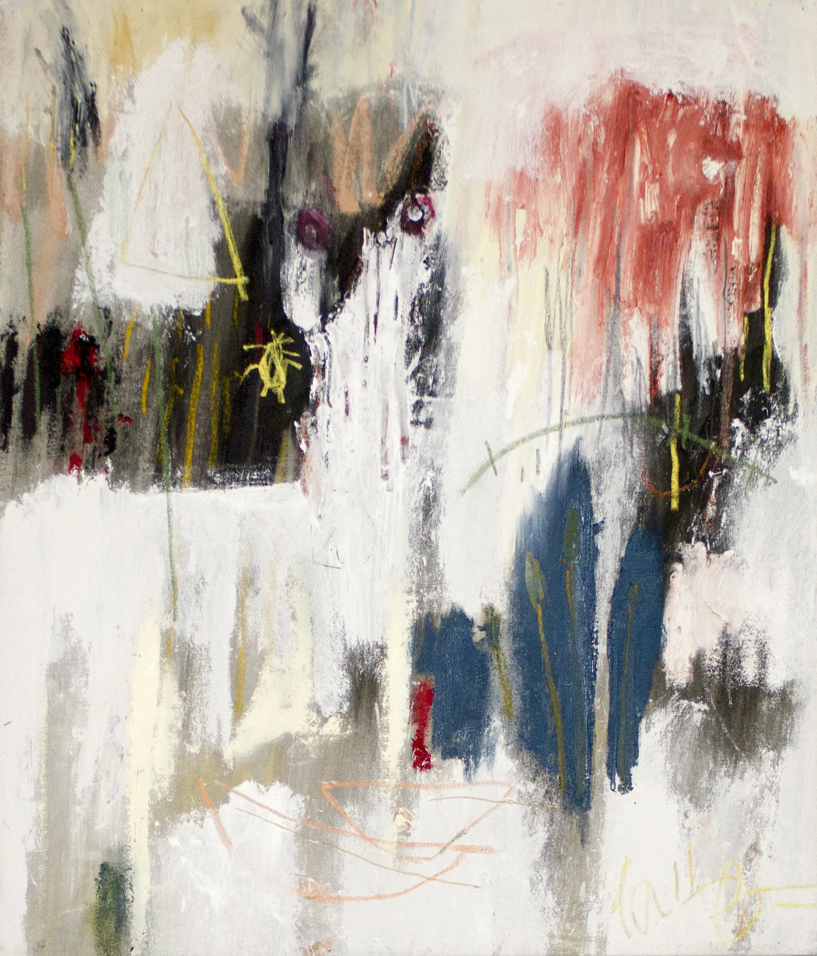 Watching an Approaching Uncertainty , 2018 28 x 24 Inches Oil, Acrylic, Oil Stick, Chalk Pastel, Colored Pencil, Crayon and Graphite on Canvas Private Collection