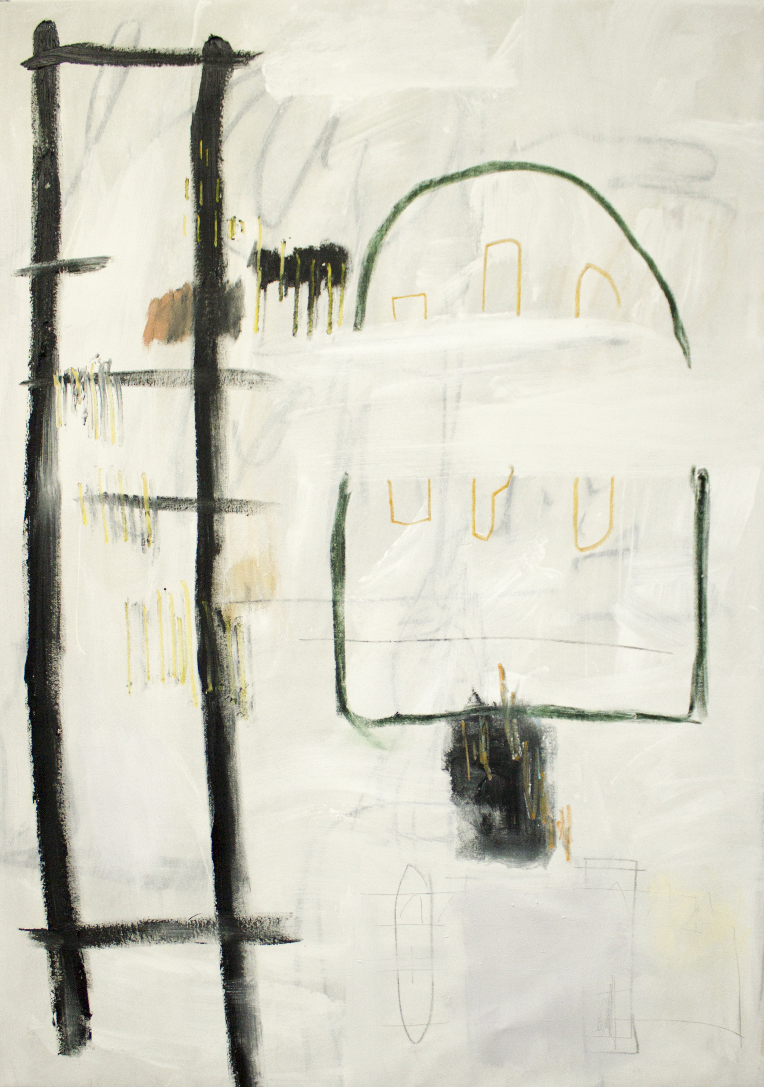   Resting(less) Spaces,  2018  60 x 44 Inches  Oil, Acrylic, Oil Stick, Colored Pencil, Pastel, Graphite and Crayon on Canvas  Private Collection 