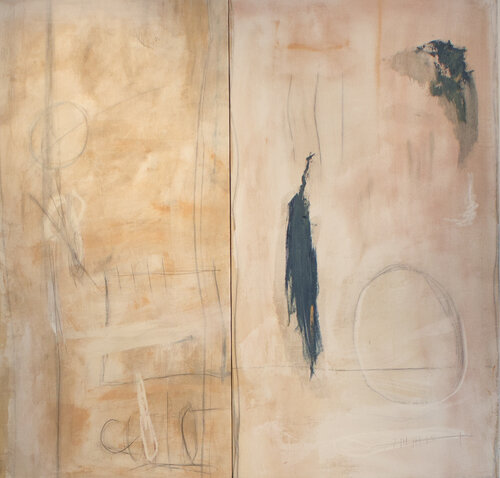   From Then, Until Now , 2016  54 x 56 Inches  Oil, Acrylic, Graphite, Charcoal,  Pastel, and Crayon on Diptych Canvas  Private Collection 