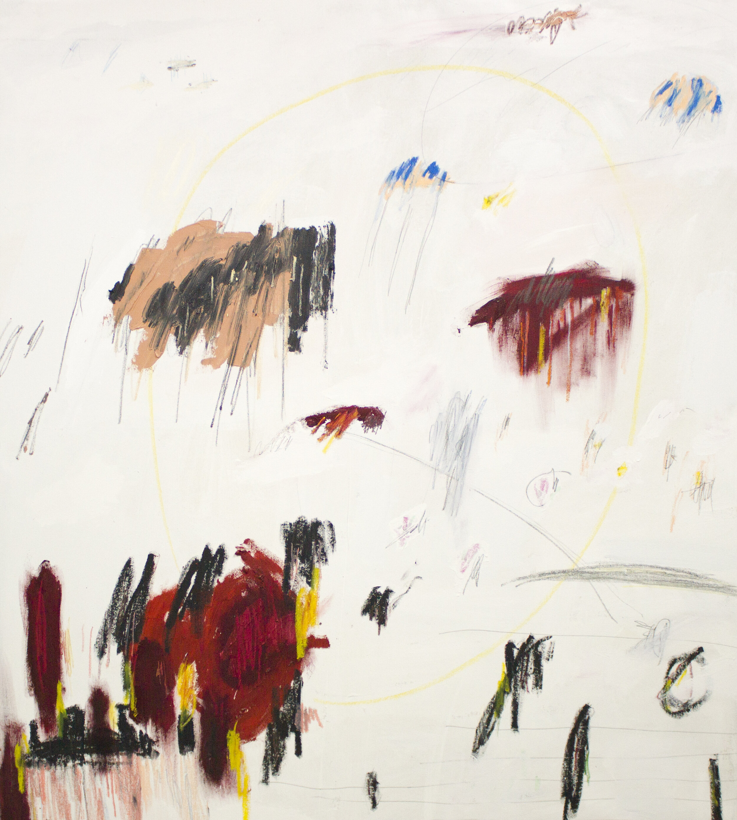   Screaming to the Sky, Only to Hear Nothing , 2019  58 x 52  Inches  Oil, Acrylic, Oil Stick, Colored Pencil, Crayon, Chalk Pastel, Graphite and Oil Pastel on Canvas  Private Collection 