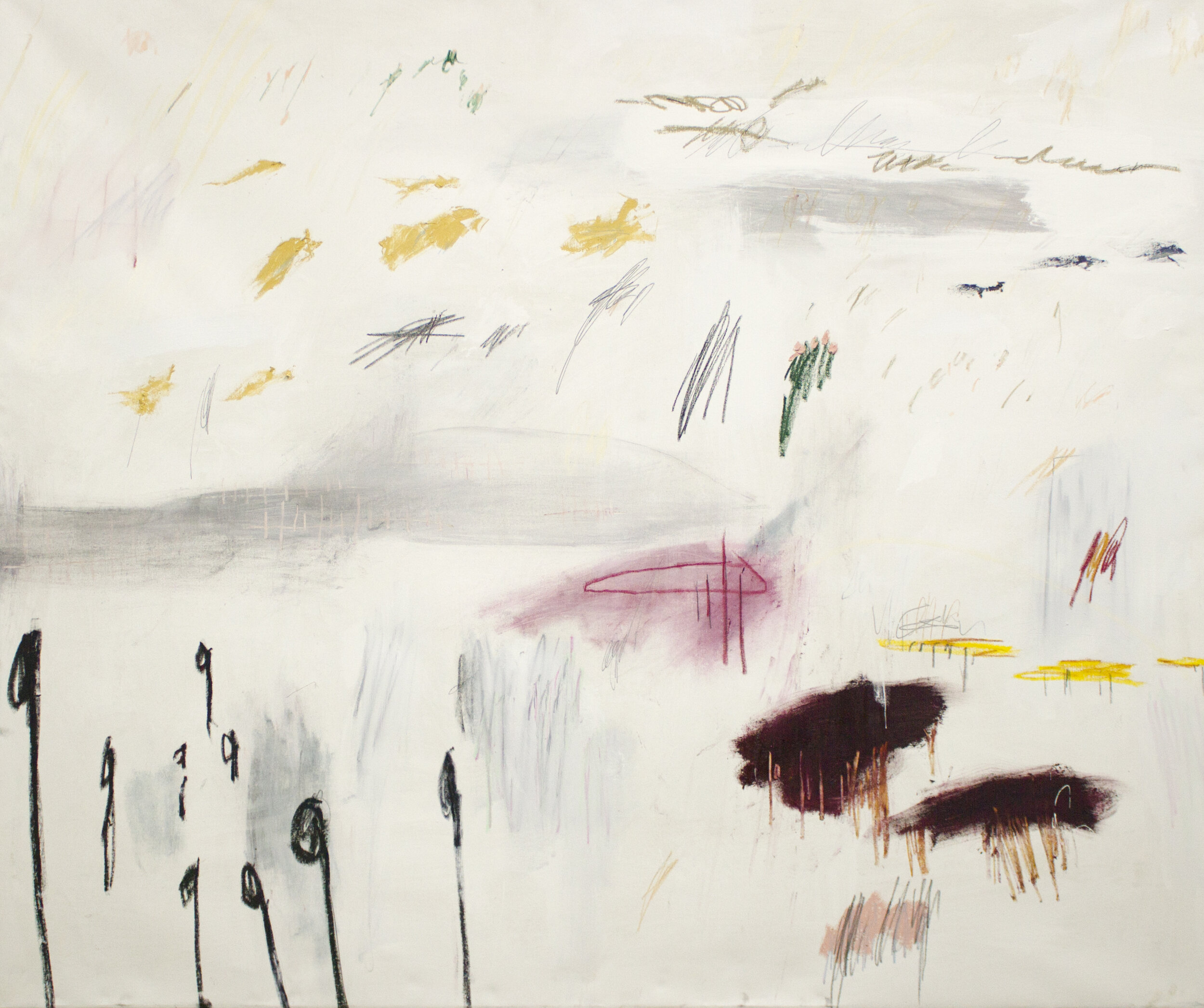   Condolences (The End of the Year) , 2019  60 x 72  Inches  Oil, Acrylic, Oil Stick, Colored Pencil, Crayon, Chalk Pastel, Graphite and Oil Pastel on Canvas  Private Collection 