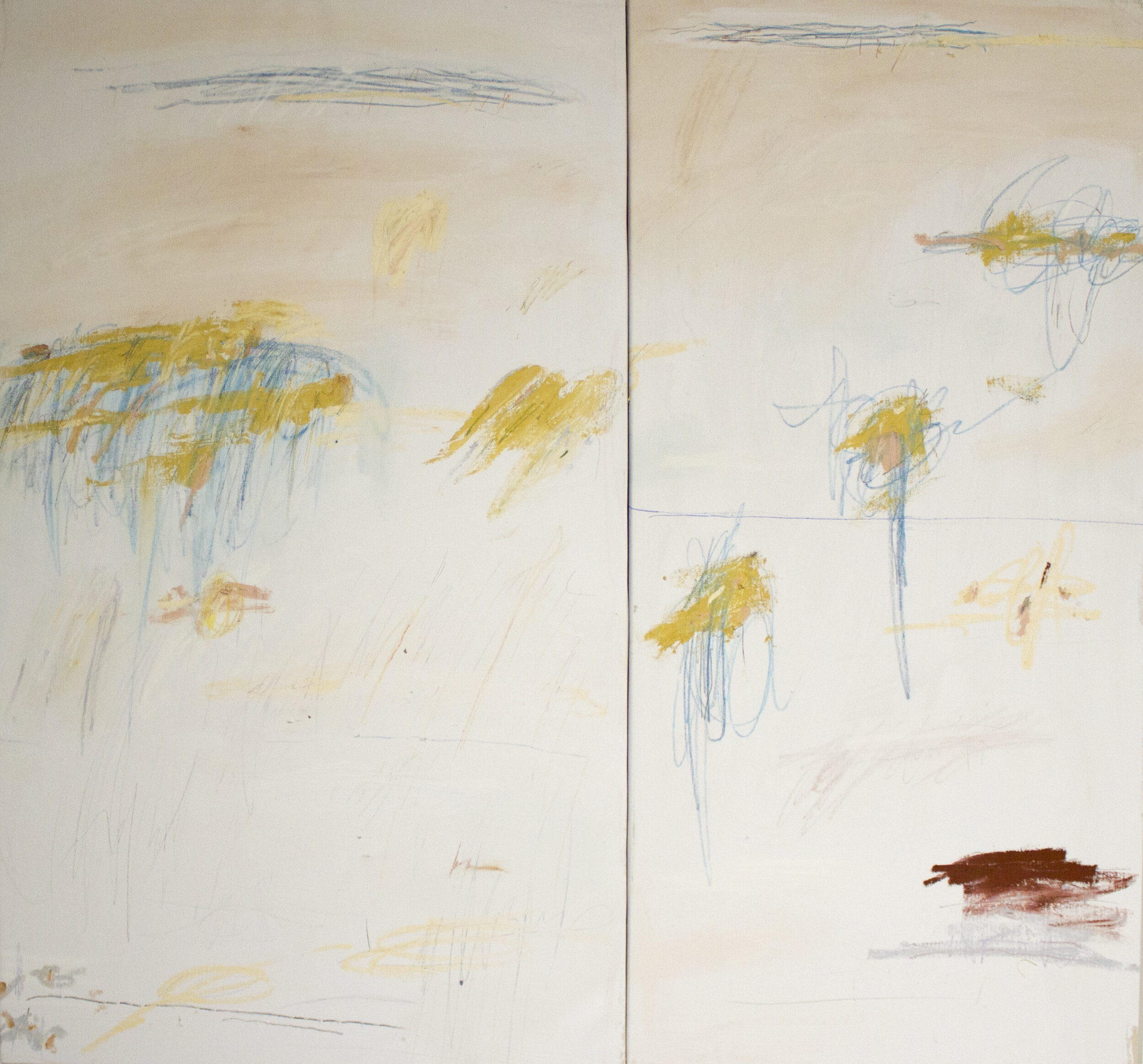   “Benedicente, Agotante, Éphémère,”  2020  62 x 66 Inches  Oil, Acrylic, Color Pencil, Oil Stick, Chalk Pastel, Crayon on Diptych on canvas  Private Collection 