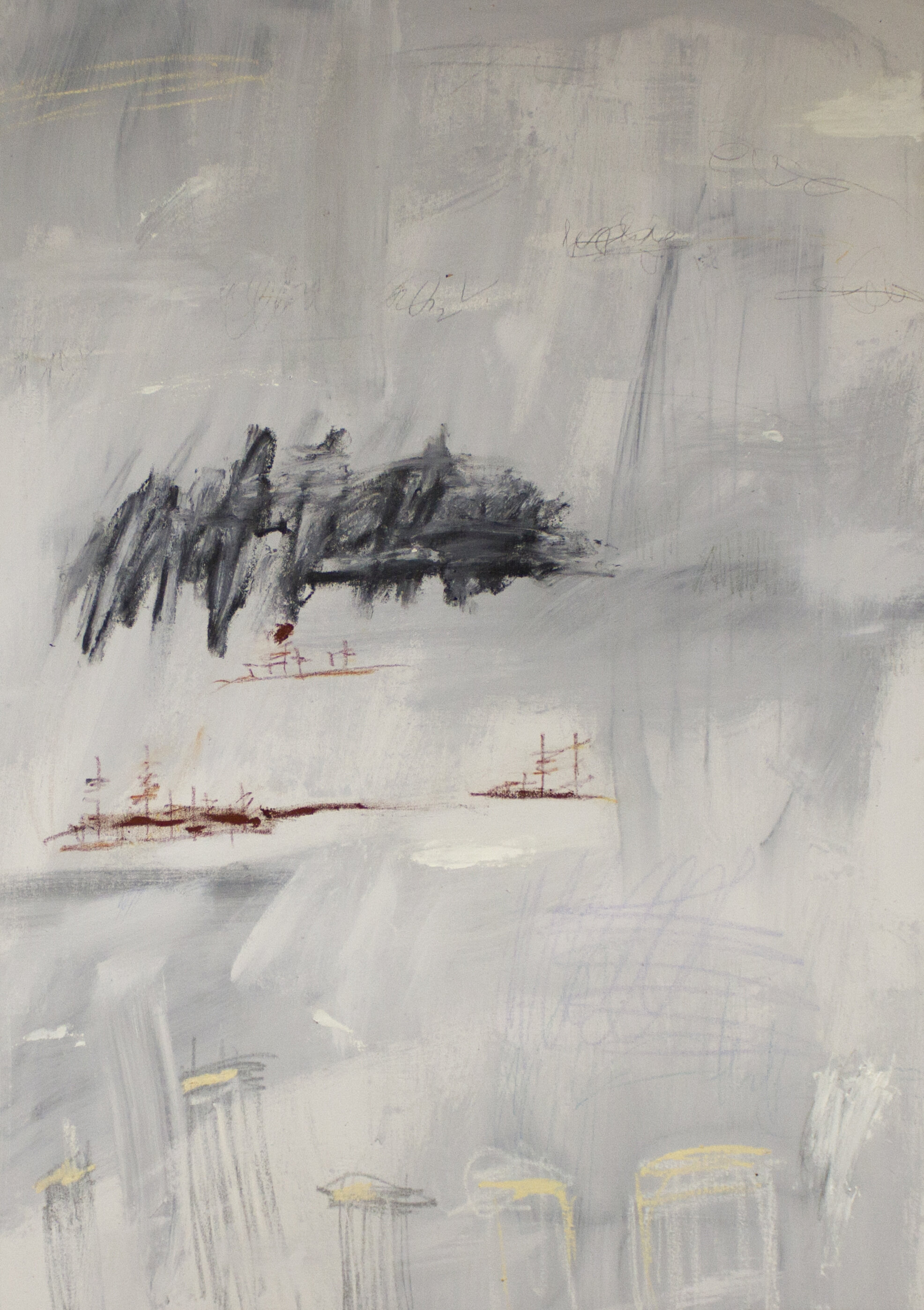   As We Sit, Waiting The Impending , 2021  58 x 42 Inches  Oil, Acrylic, Oil Pastel, Crayon, Chalk Pastel, Graphite, and Charcoal on Canvas  Private Collection 
