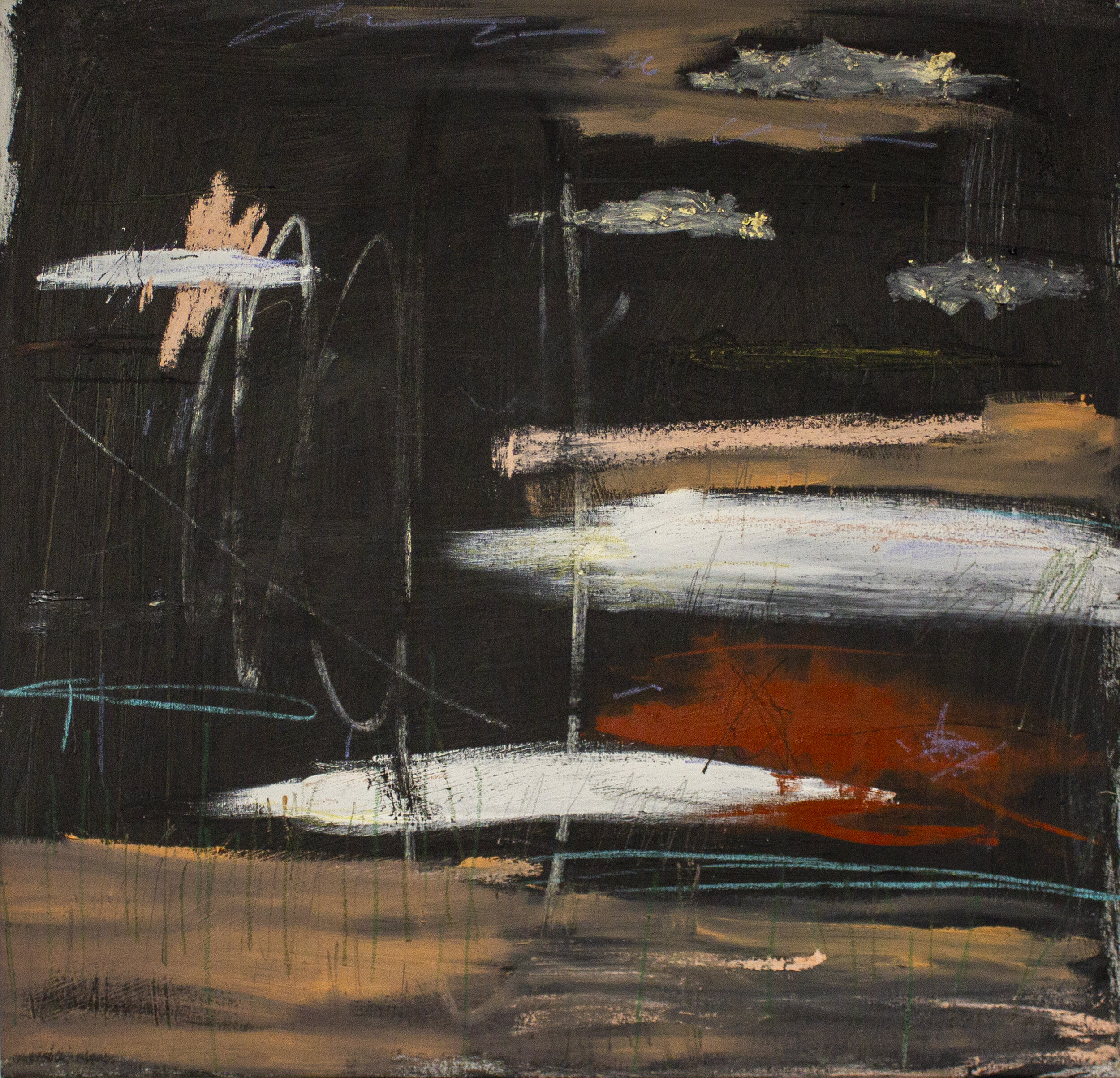   Souffrir; Répéter , 2021  36 x 28 Inches  Oil, Acrylic, Colored Pencil, Oil Stick, Graphite, Chalk Pastel on Canvas  Private Collection 
