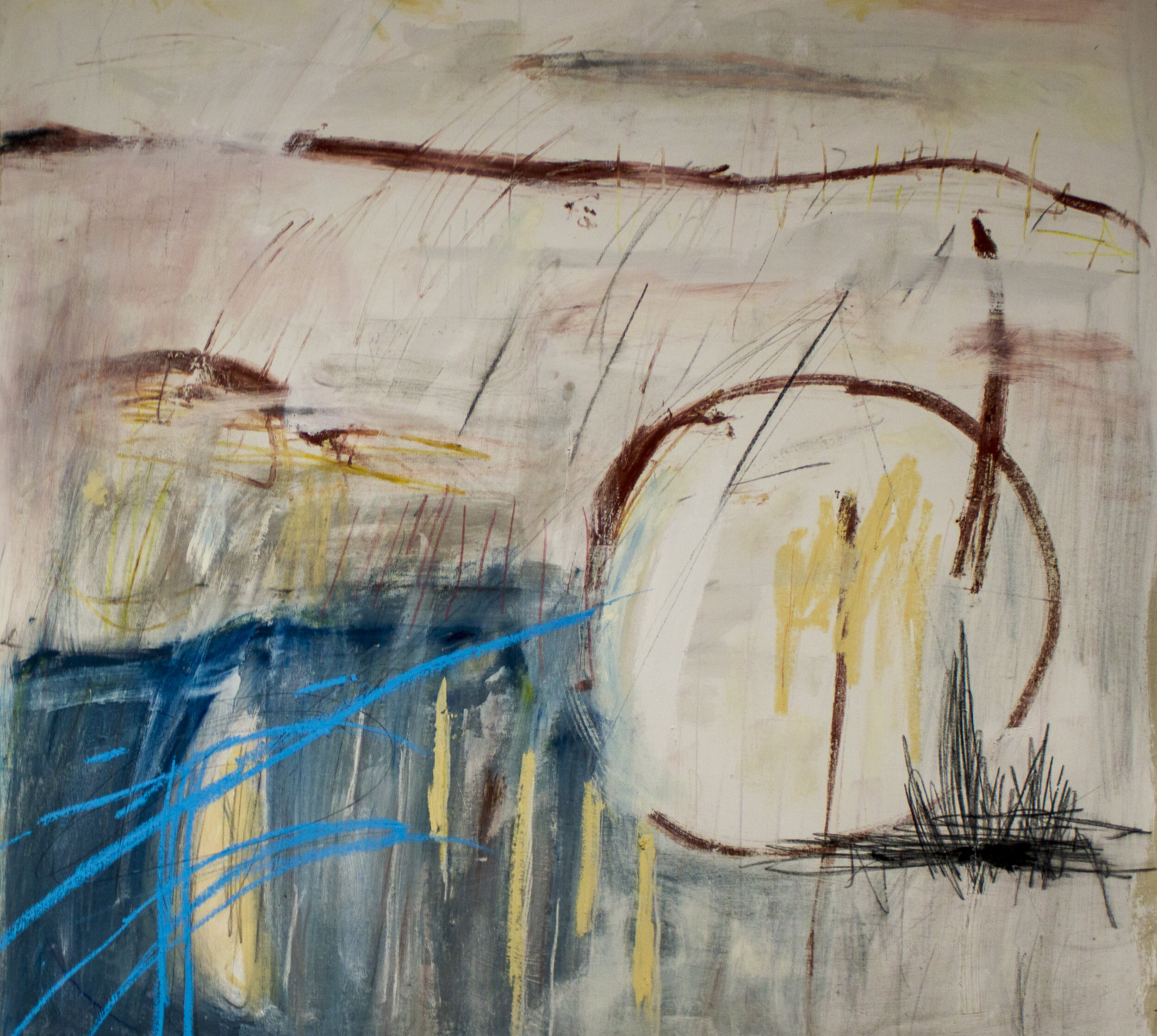   In and Out and In-Between You, Me, Myself, Us, and Them , 2021  62 x 56 Inches  Oil, Acrylic, Colored Pencil, Chalk Pastel, Oil Pastel, Crayon, Graphite, and Charcoal on Canvas 