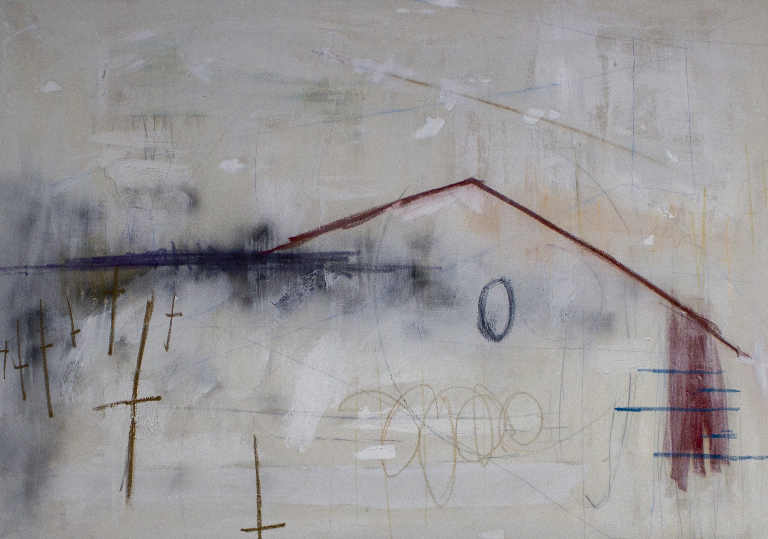   Holyoke , 2022  38 x 54 Inches  Oil, Acrylic, Spraypaint, Colored Pencil, Chalk Pastel, Oil Pastel, Crayon, Graphite, and Charcoal on Canvas 