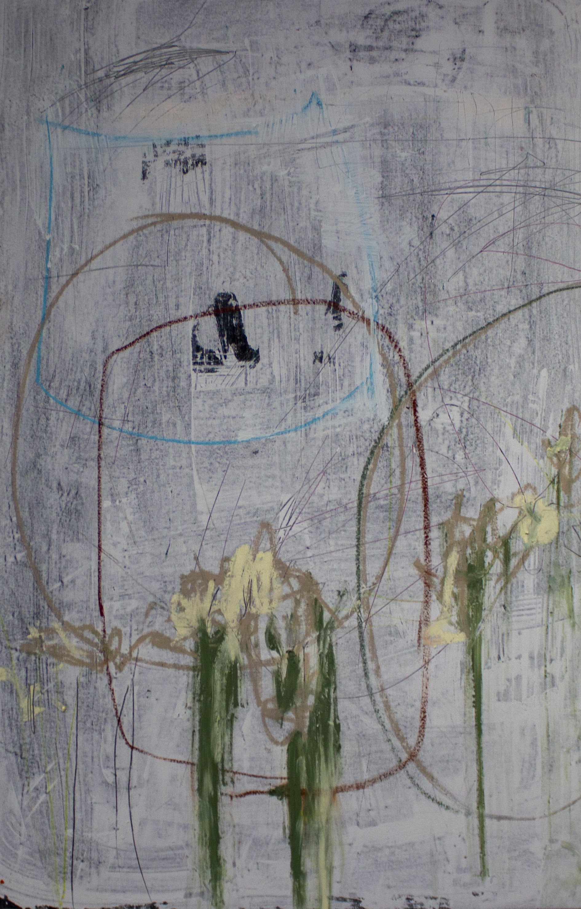   Kensington Trash,  2022.  40 x 62 Inches  Oil, Acrylic, Pastel, Graphite, and Chalk on Canvas 