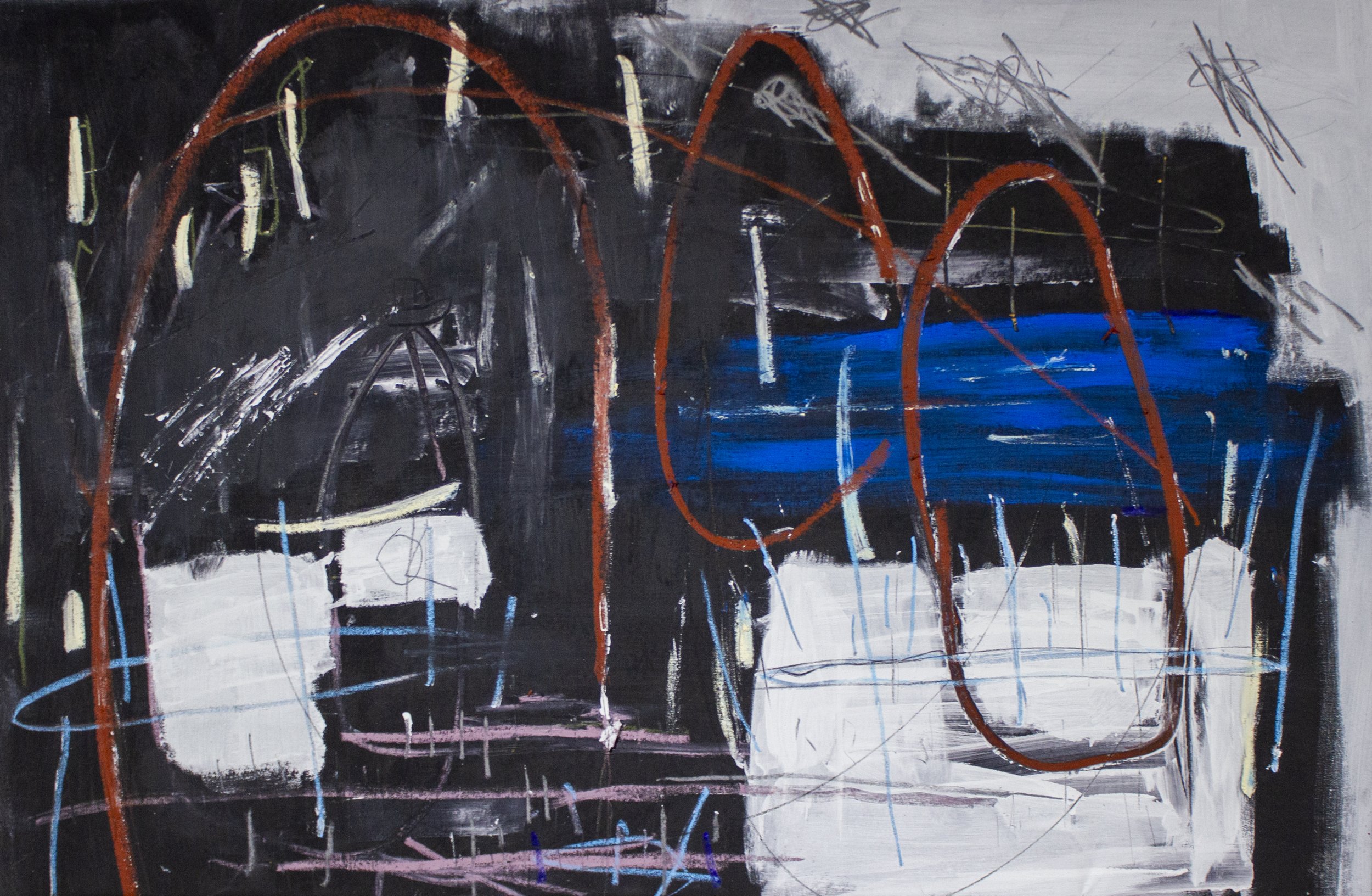   Everynight (Fever Dreams) , 2022.  38 x 58 Inches  Oil, Acrylic, Pastel, Graphite, and Chalk on Canvas 
