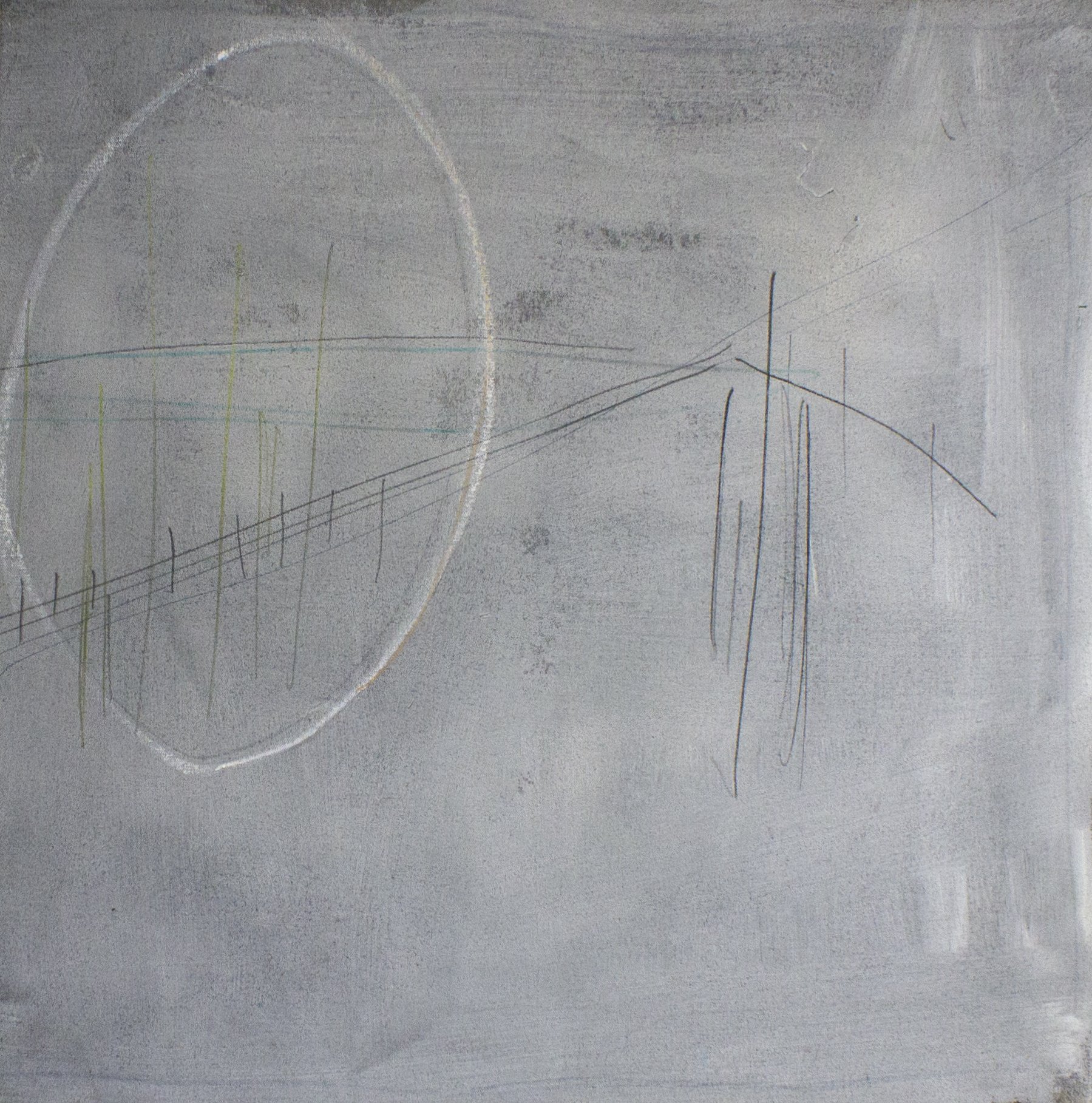   Constant Distance , 2022  28 x 28 Inches  Acrylic, Spray Paint, Oil Stick, Colored Pencil, Chalk Pastel, Oil Pastel, Crayon, and Graphite on Canvas 