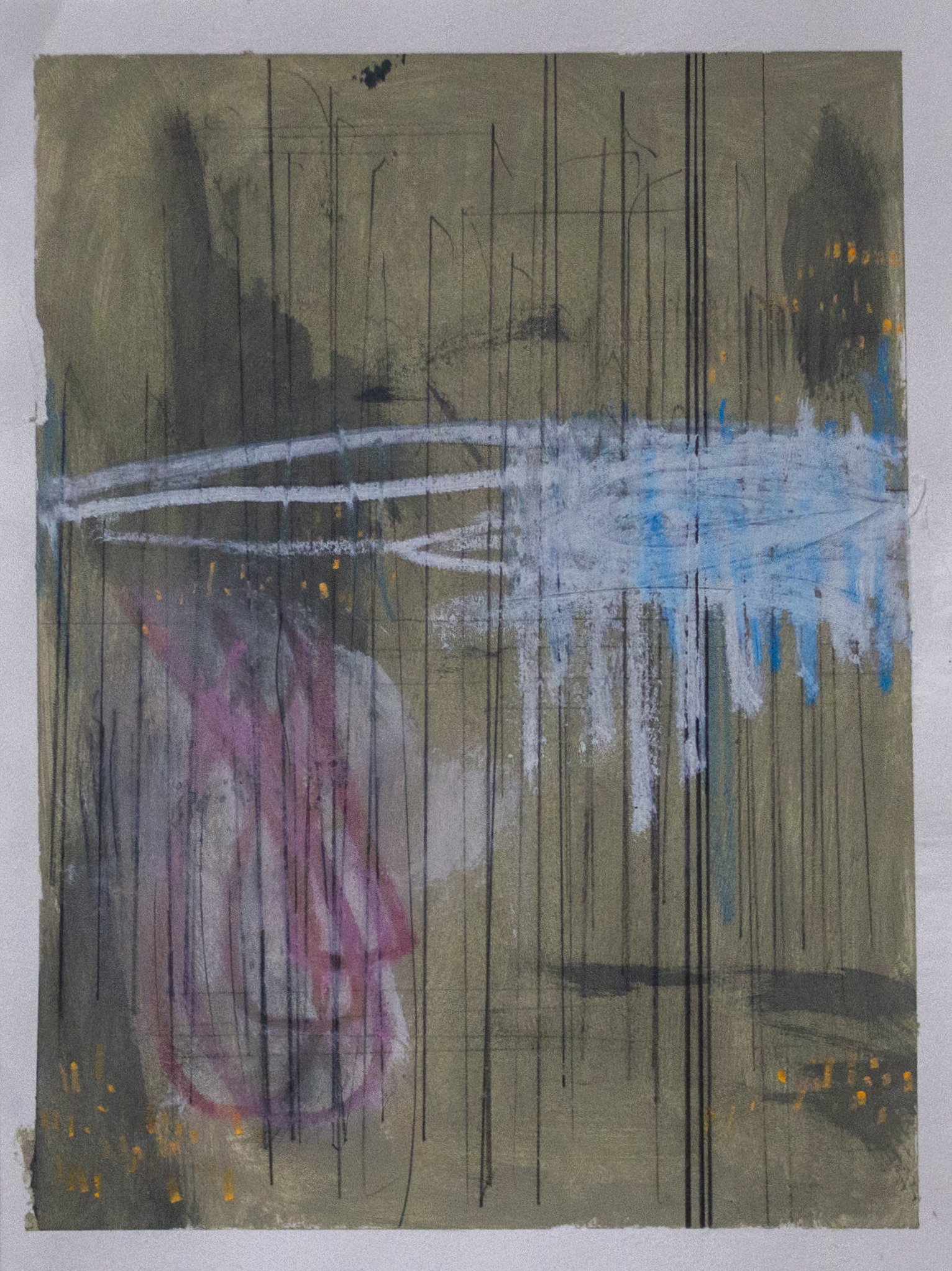   The City Sleeps with Itself , 2022.  9 x 12 inches  Acrylic, Crayon, Pastel and Pencil on Paper  Private collection 