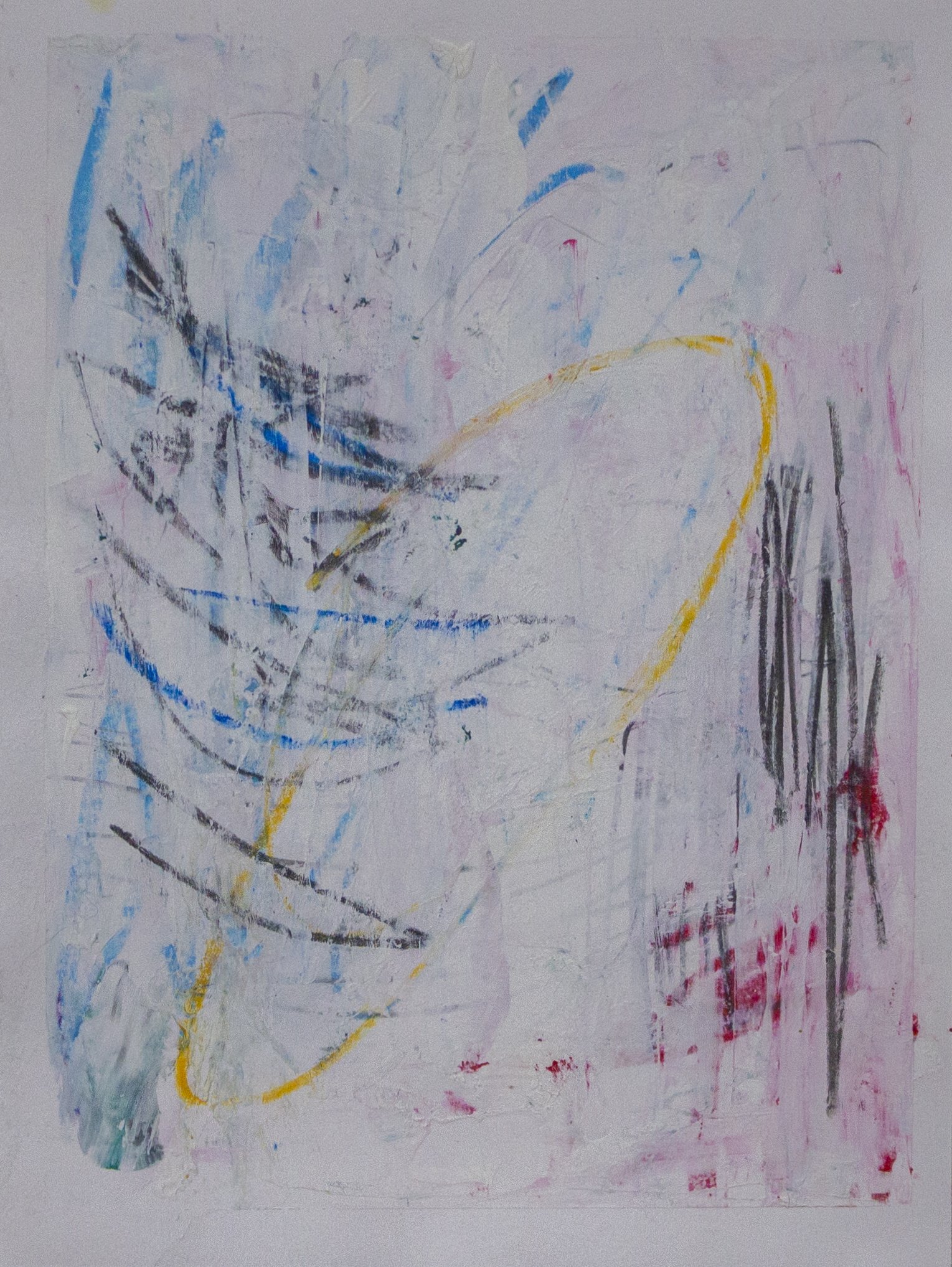   Upstream , 2022  9 x 12 Inches  Oil, Acrylic, Graphite, Pastel, and Crayon on Paper 