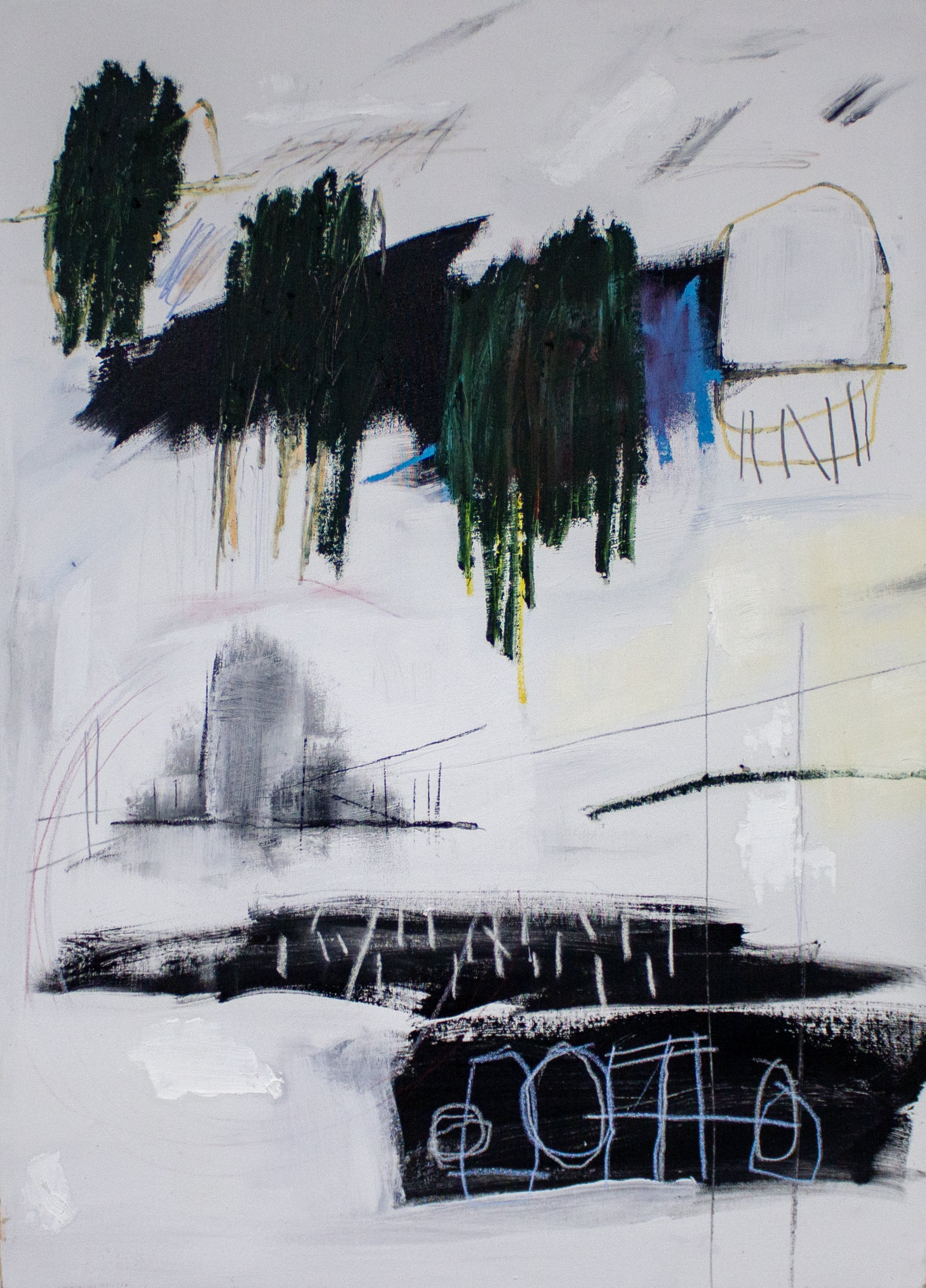   The Funeral,  2023  42 x 30 Inches  Oil, Acrylic, Graphite, Charcoal, Pastel, Colored Pencil and Oil Stick on Canvas  Private Collection 