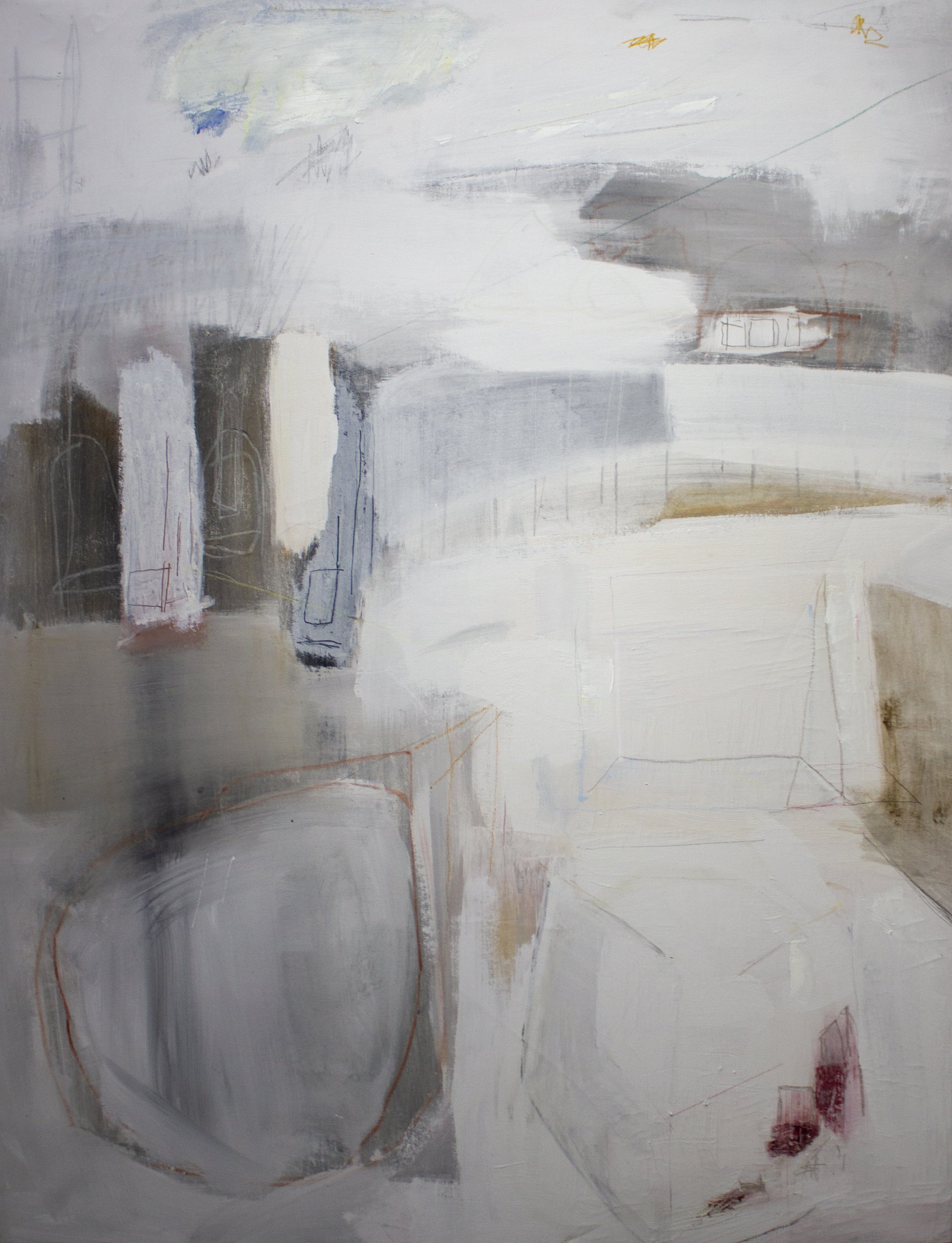   In-between and All Around the Pollution and Small Towns , 2023  40 x 52 Inches  Oil, Acrylic, Graphite, Charcoal, Pastel, Colored Pencil and Oil Stick on Canvas 