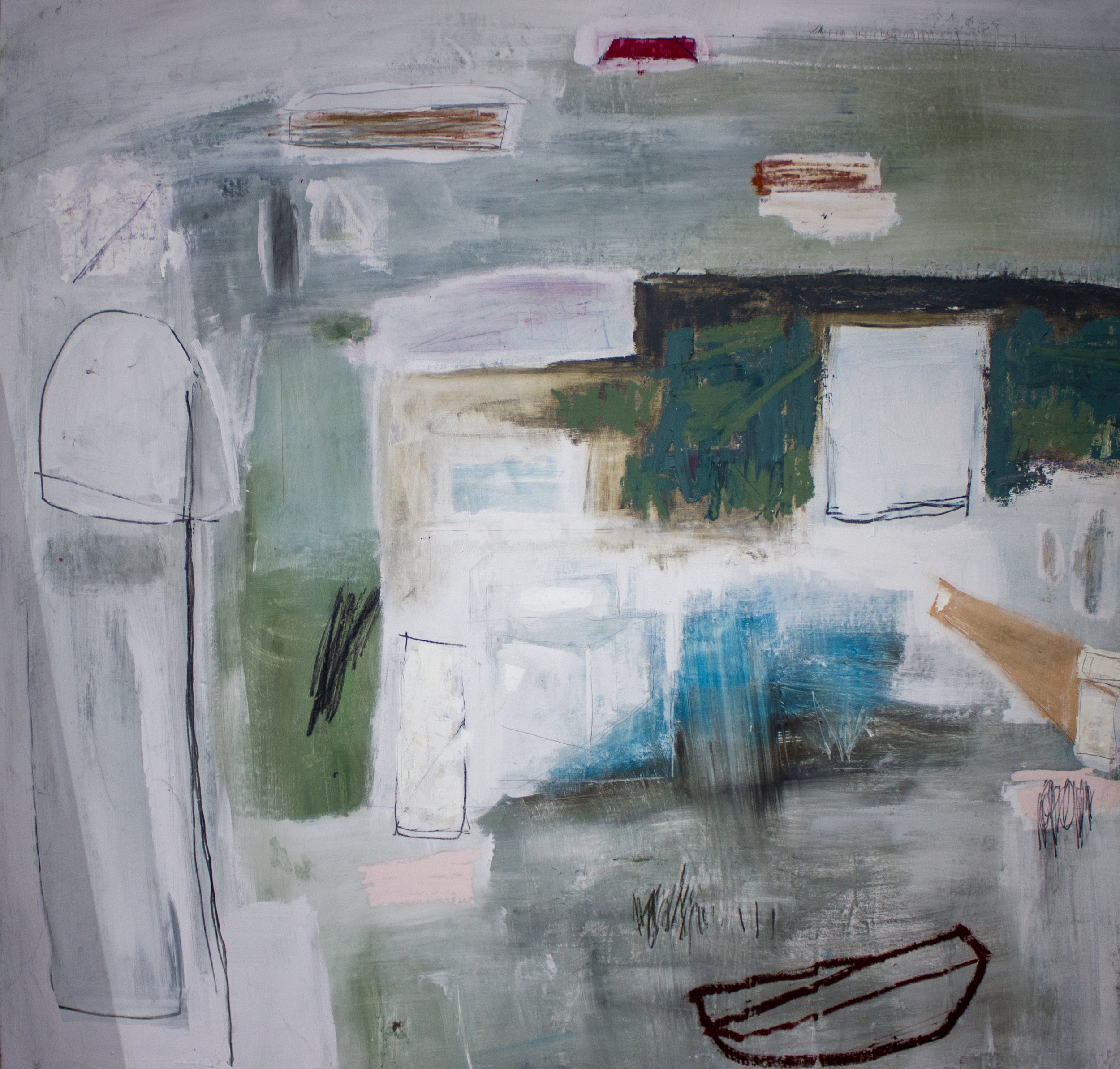   Where I Tried to Escape; What Beckons My Return , 2024  62 x 60 Inches  Oil, Acrylic, Graphite, Charcoal, Pastel, Oil Pastel, Colored Pencil and Oil Stick on Canvas 