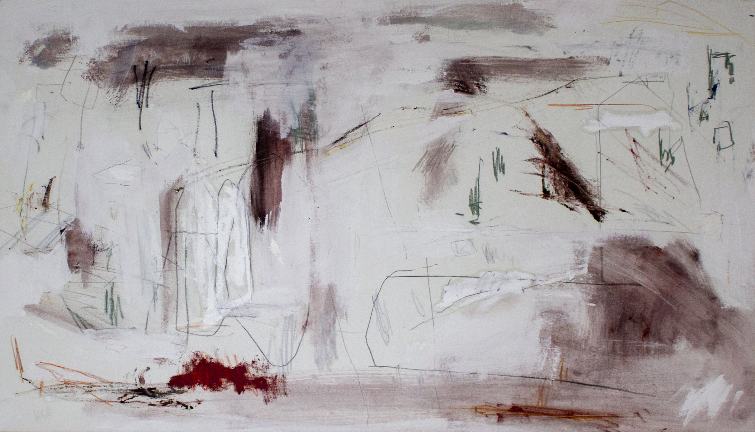   Anguish Revisited ,  2024  34 x 60 Inches  Oil, Acrylic, Crayon, Colored Pencil, Oil Stick, and Graphite on Canvas 