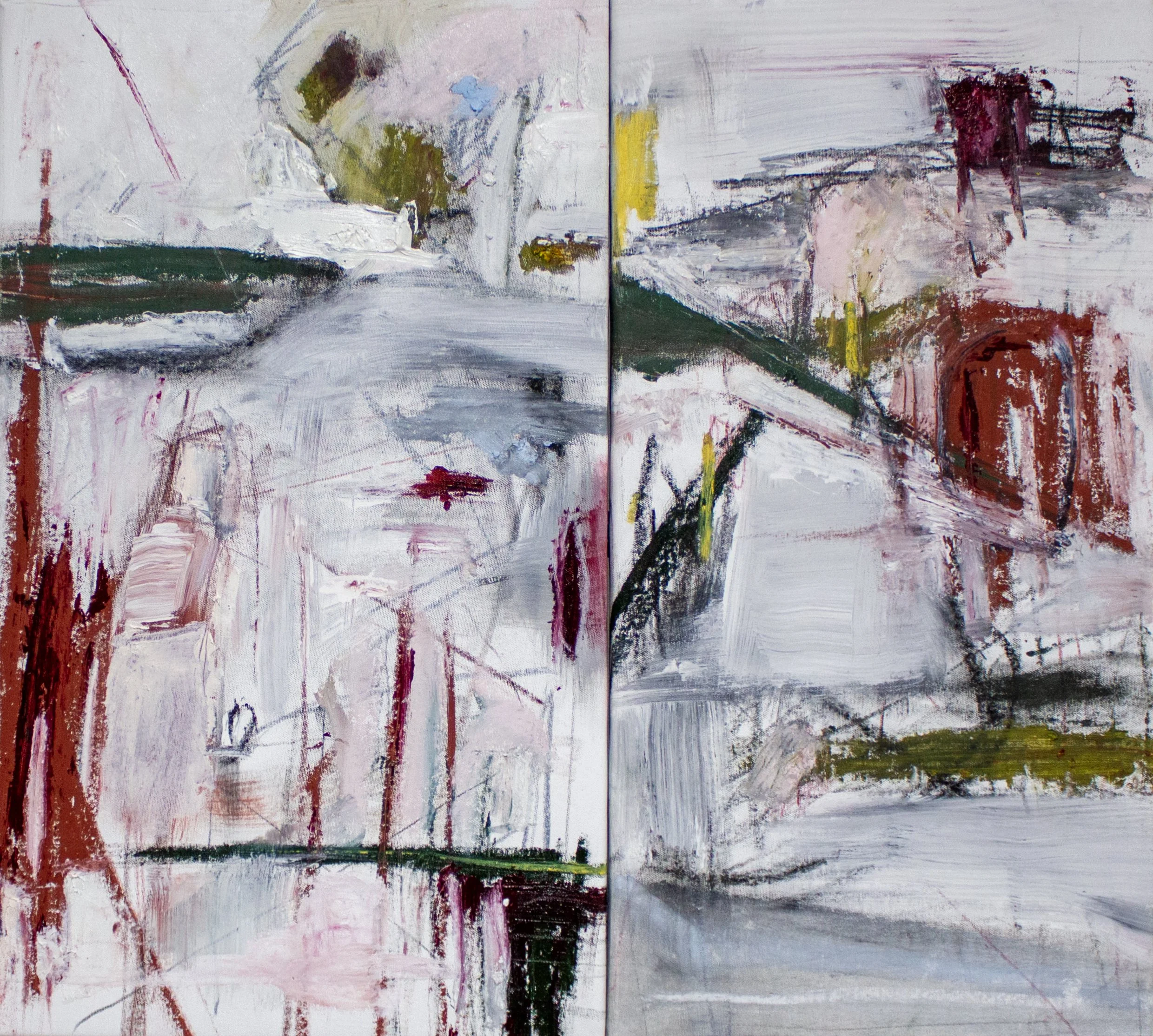 Unwilling Confrontation of a Repressed Mirro r , 2025 30 × 27 Inches Oil, Acrylic, Oil Stick, Graphite, Charcoal, Colored Pencil, and Crayon Diptych on Canvas