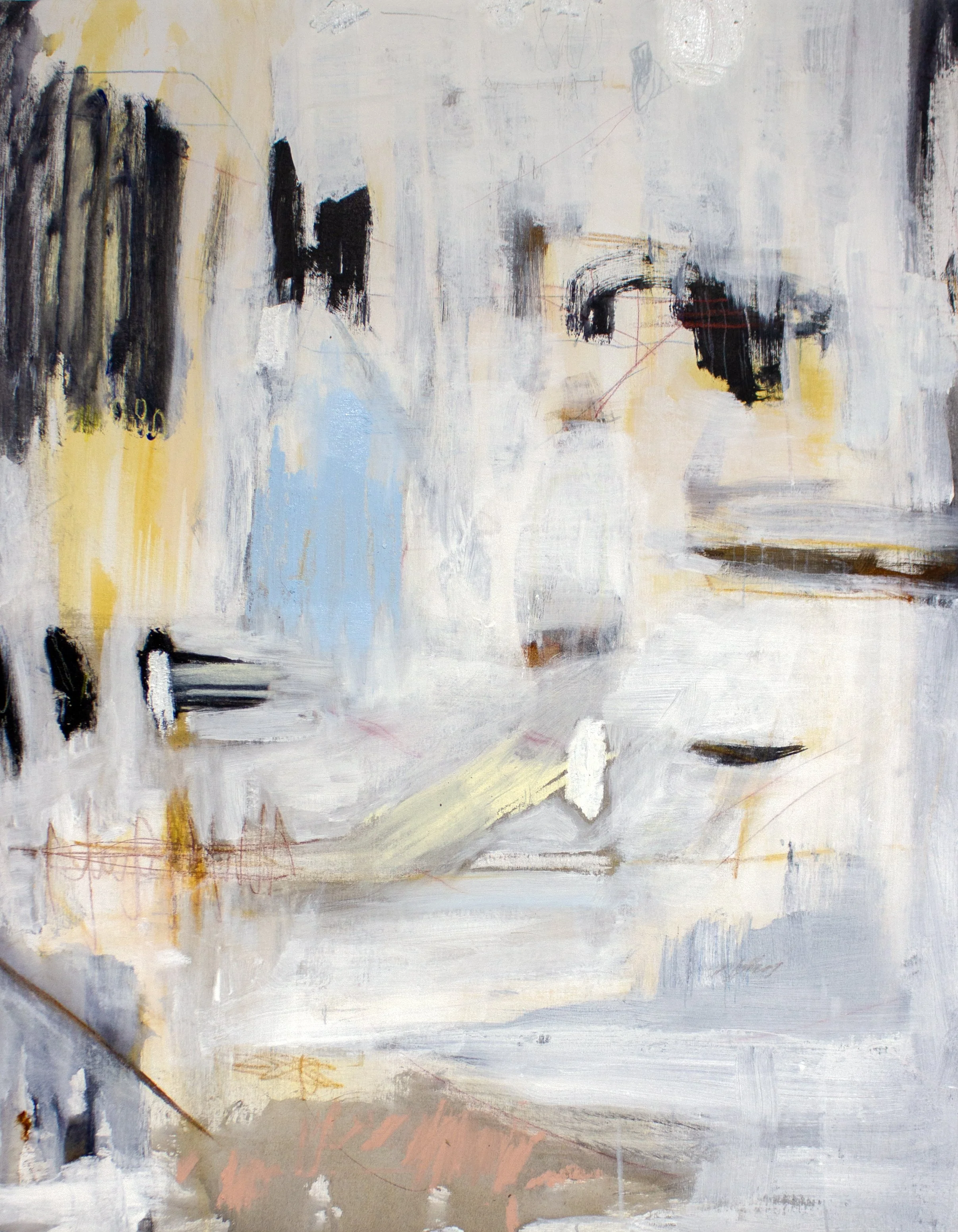   Swaying Between Autonomous Walls,  2025  36 × 46 Inches  Oil, Acrylic, Oil Stick, Graphite, Charcoal, Colored Pencil, and Litho Crayon on Canvas 