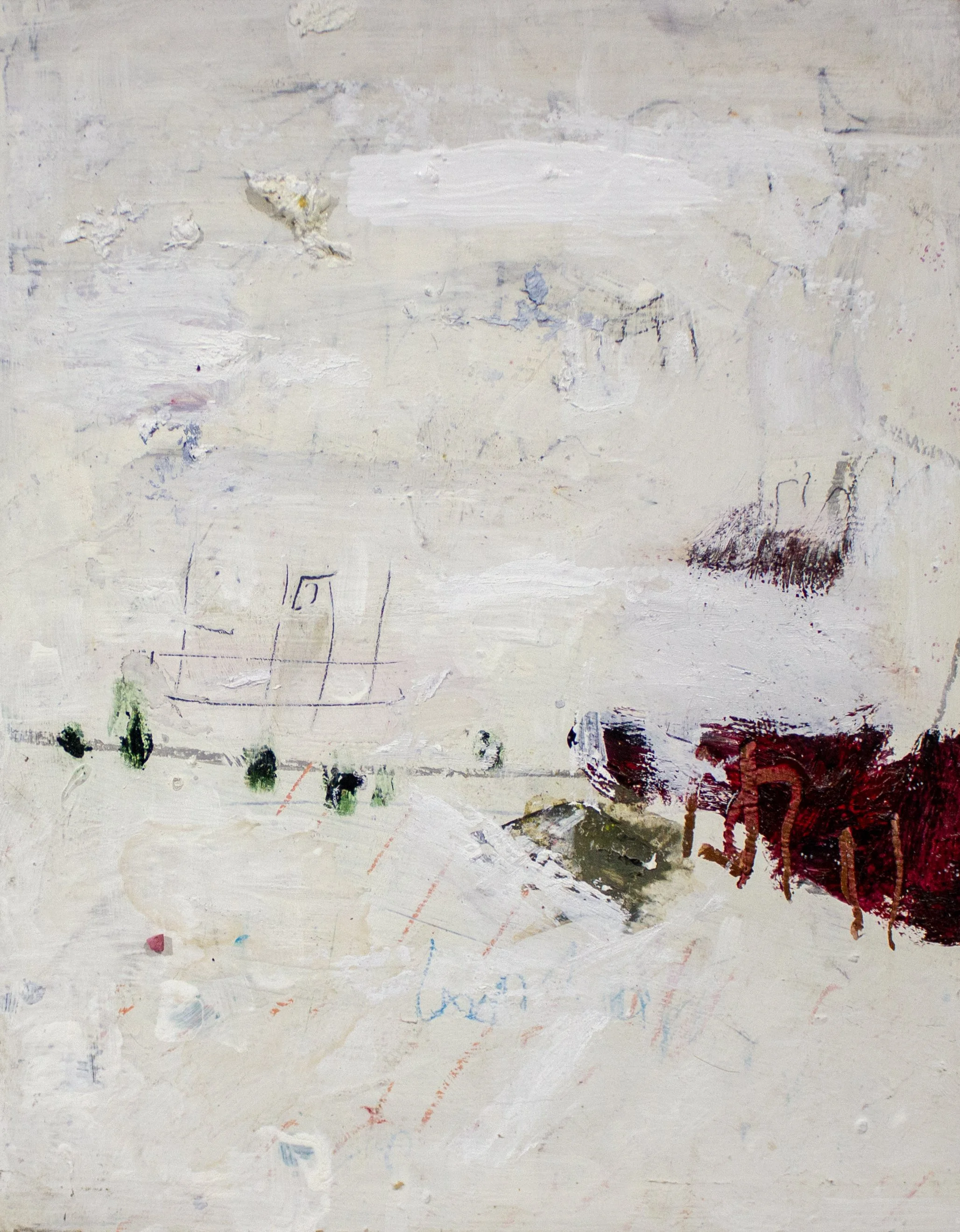   Unremitting Protraction,  2025  11 × 14 Inches  Oil, Acrylic, Crayon, Colored Pencil, and Graphite on Panel 