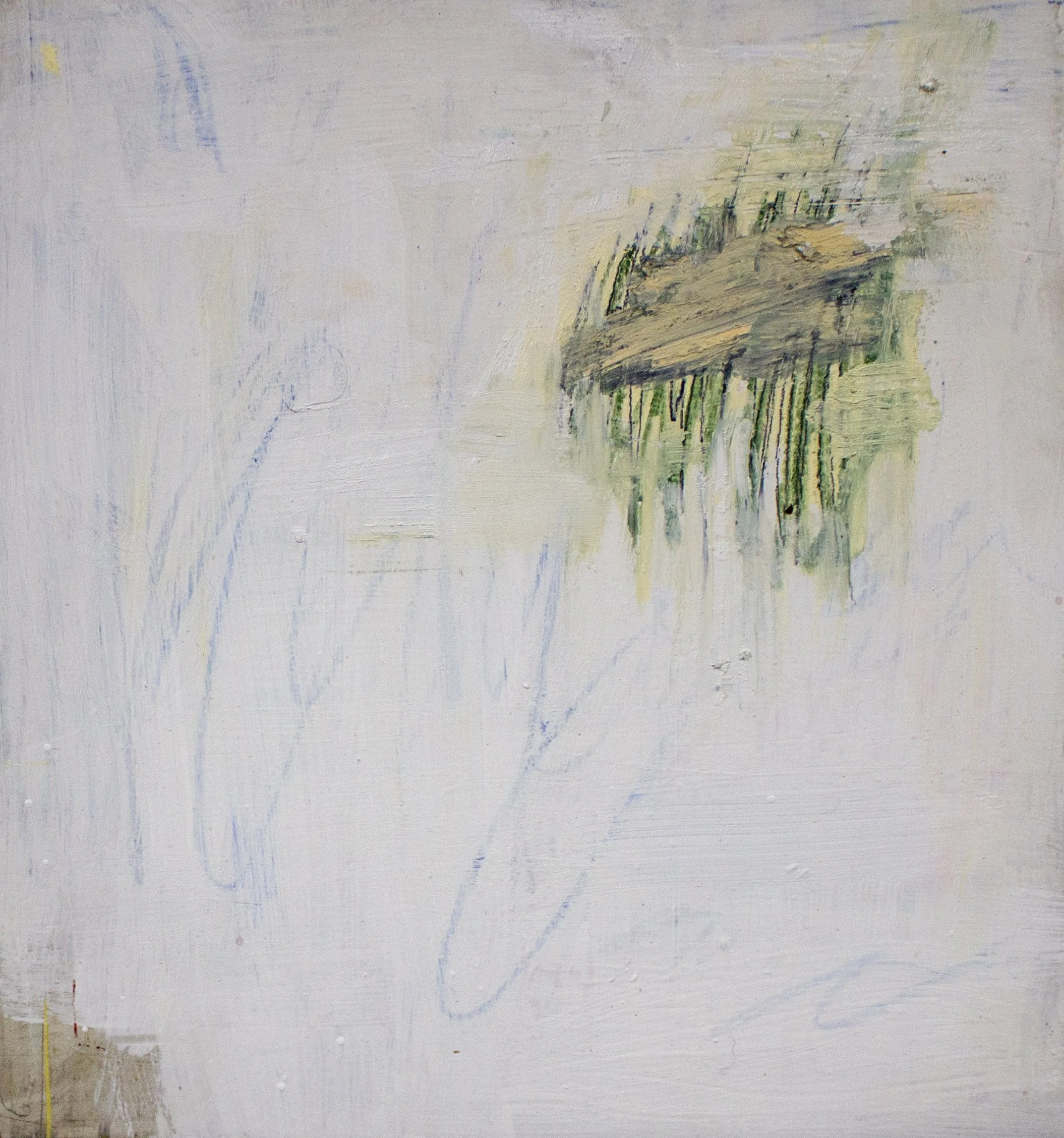   Always Looming,  2025  11.25 × 12 Inches  Oil, Acrylic, Crayon, Colored Pencil, and Graphite on Panel 