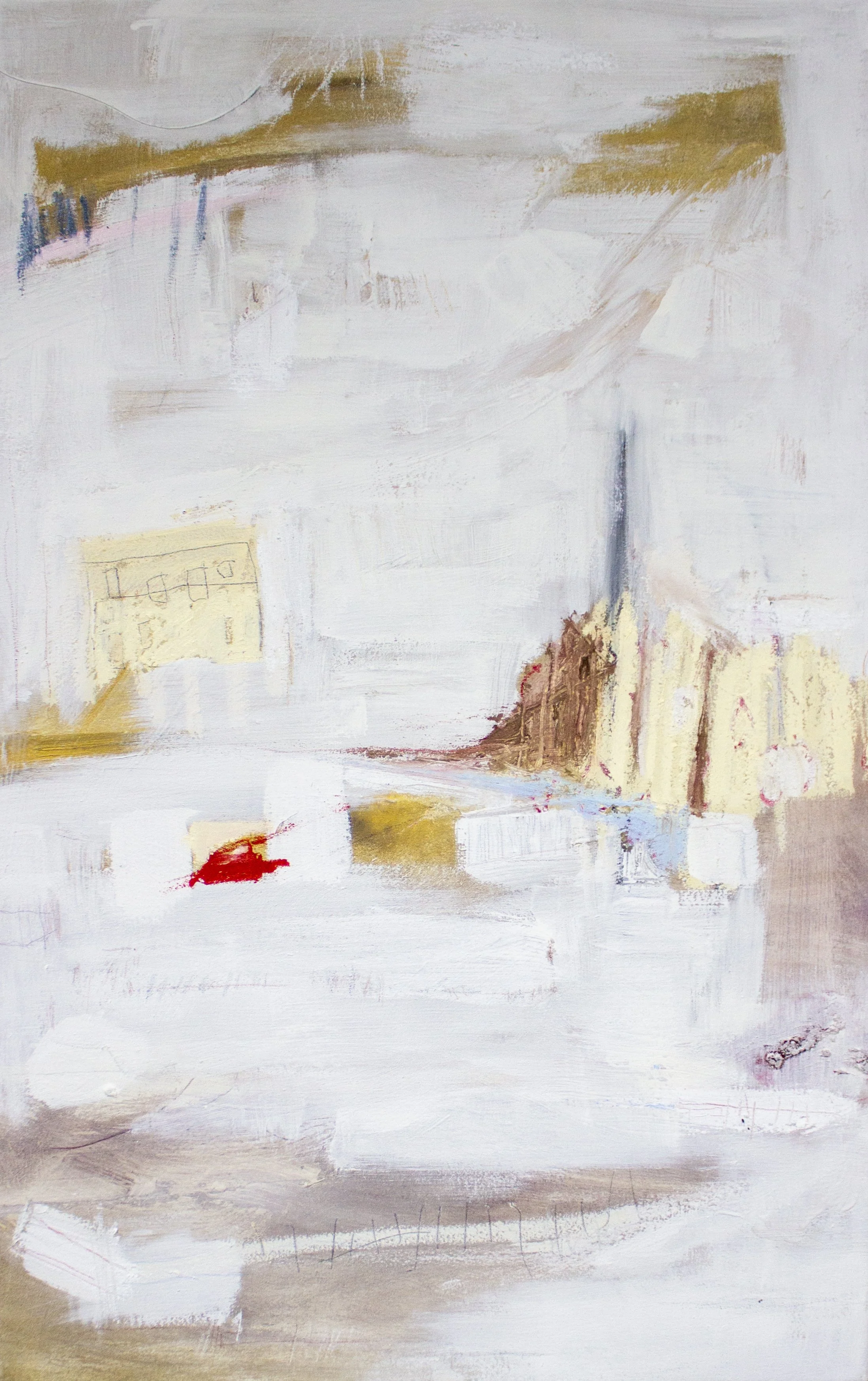   An Immaterial Votive Edifice,  2026  28 × 44 Inches  Oil, Acrylic, Oil Stick, Crayon, Chalk Pastel, Oil Pastel, Colored Pencil, and Graphite on Canvas 