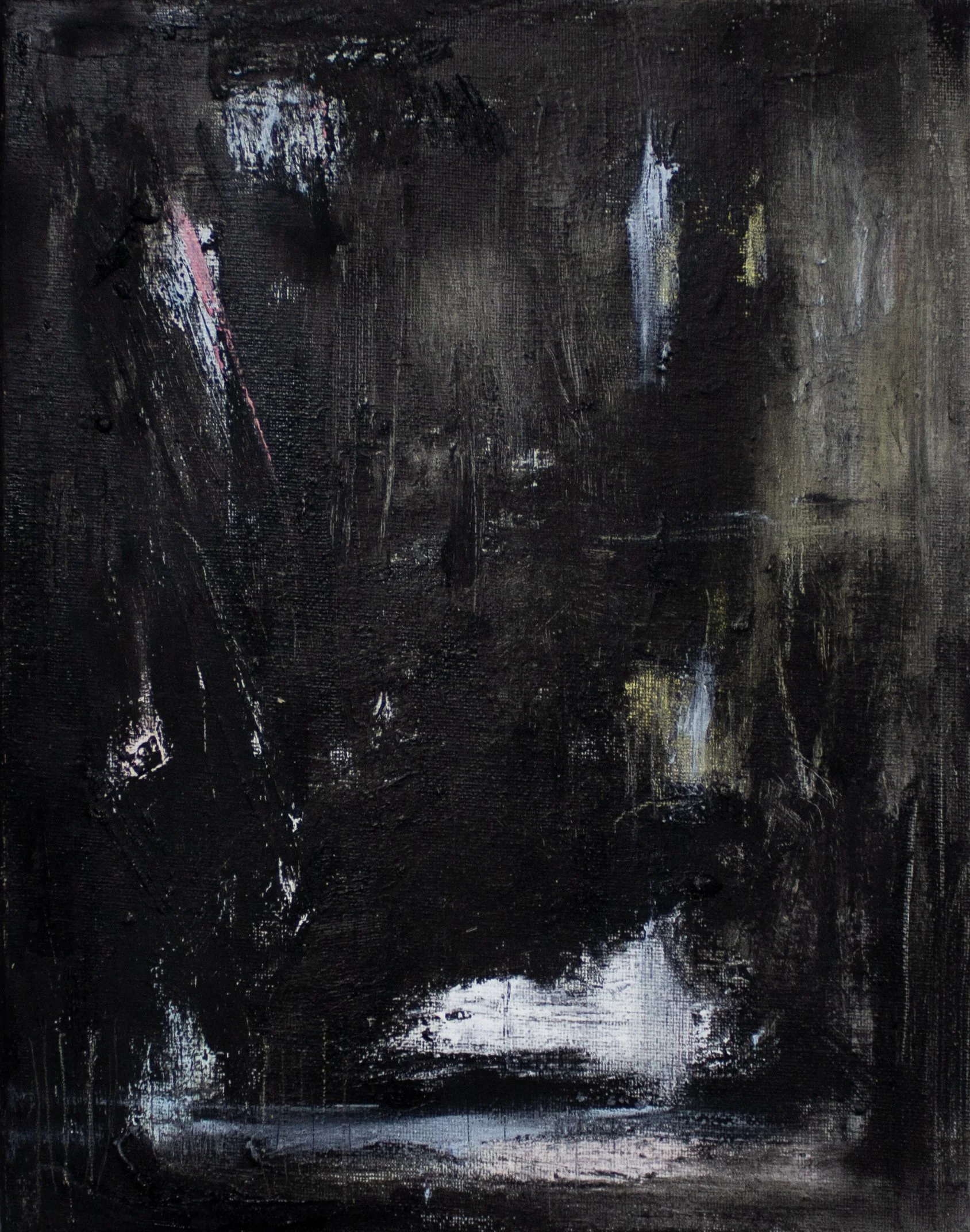   Le Crépuscule Astronomique de L’eidolon,  2026  14 × 11 Inches  Oil, Acrylic, Oil Stick, Crayon, Colored Pencil, and Graphite on Canvas 